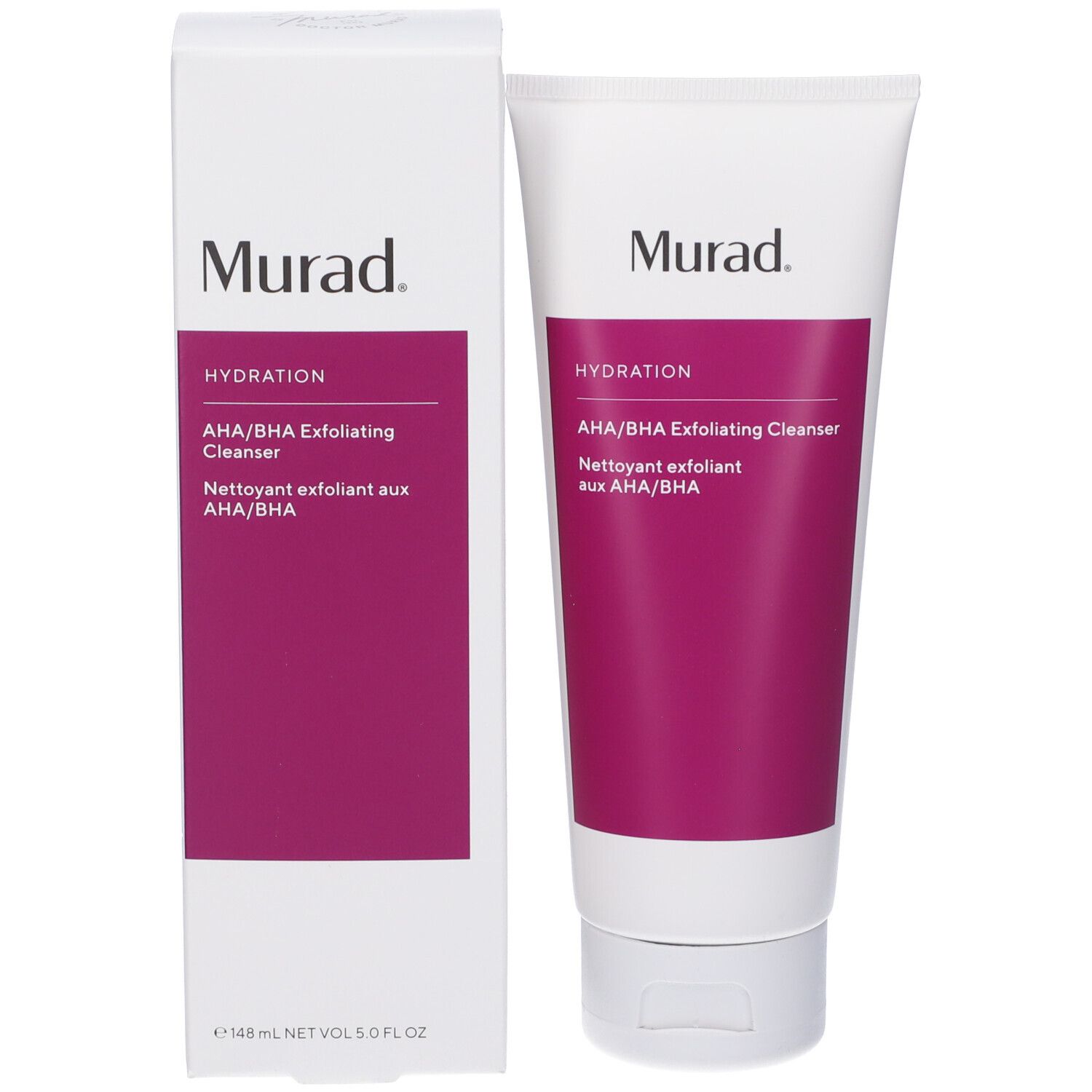 Prodotto e confezione. Tubo e scatola bianchi. Testo: Murad, AHA/BHA Exfoliating Cleanser.