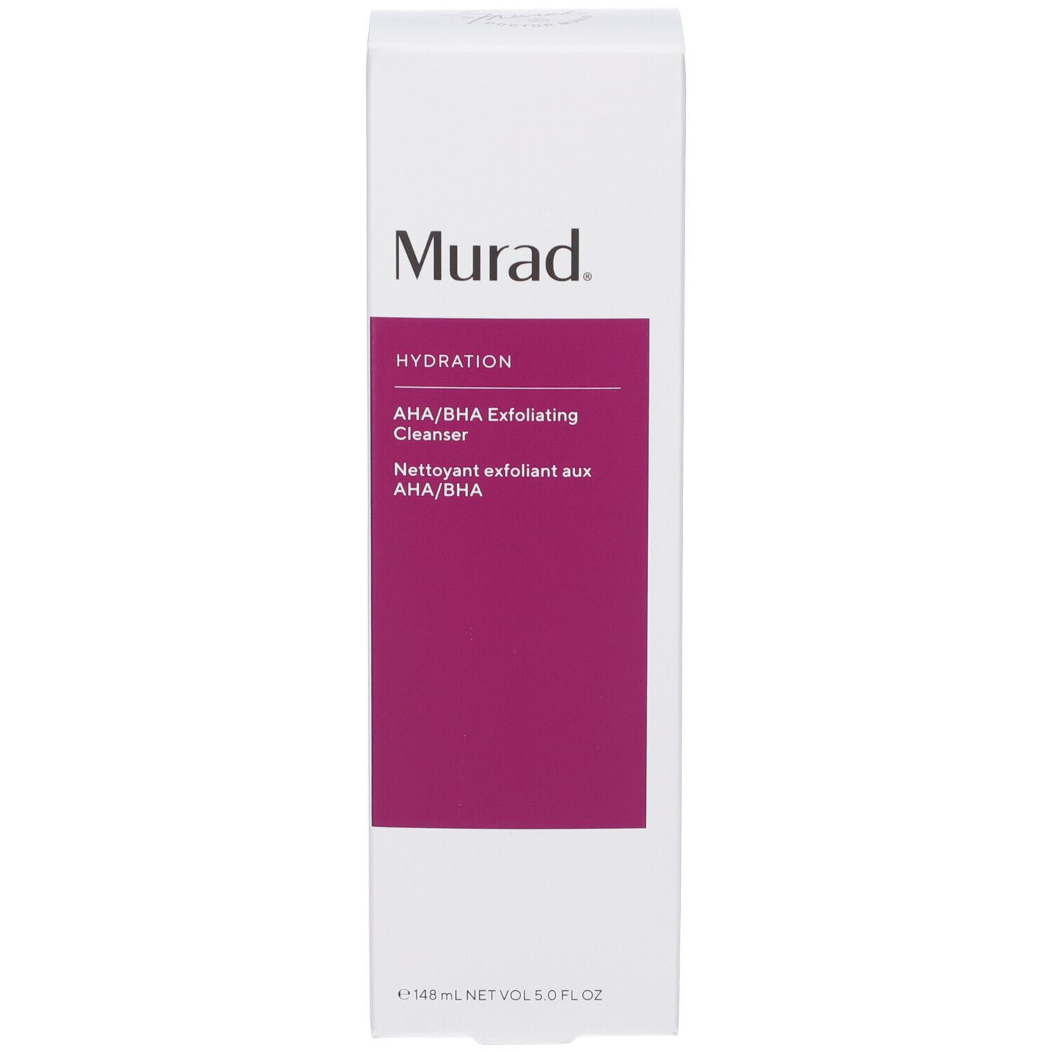 Scatola bianca. Testo: Murad, Hydration, AHA/BHA Exfoliating Cleanser. Nome del prodotto e marchio.