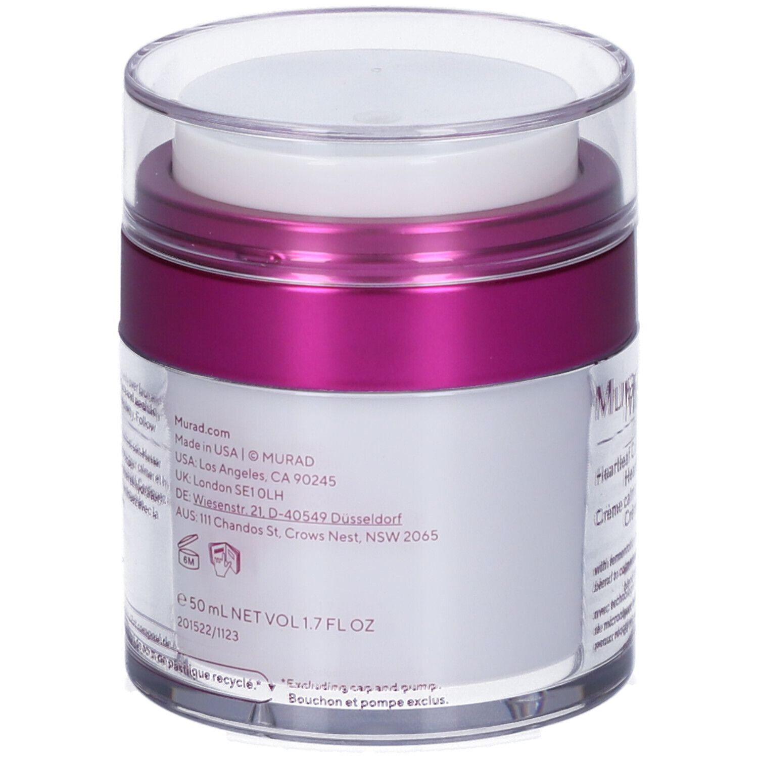 Retro del vasetto di crema. Scritte, tra cui Murad, ingredienti e volume. Contenitore trasparente.