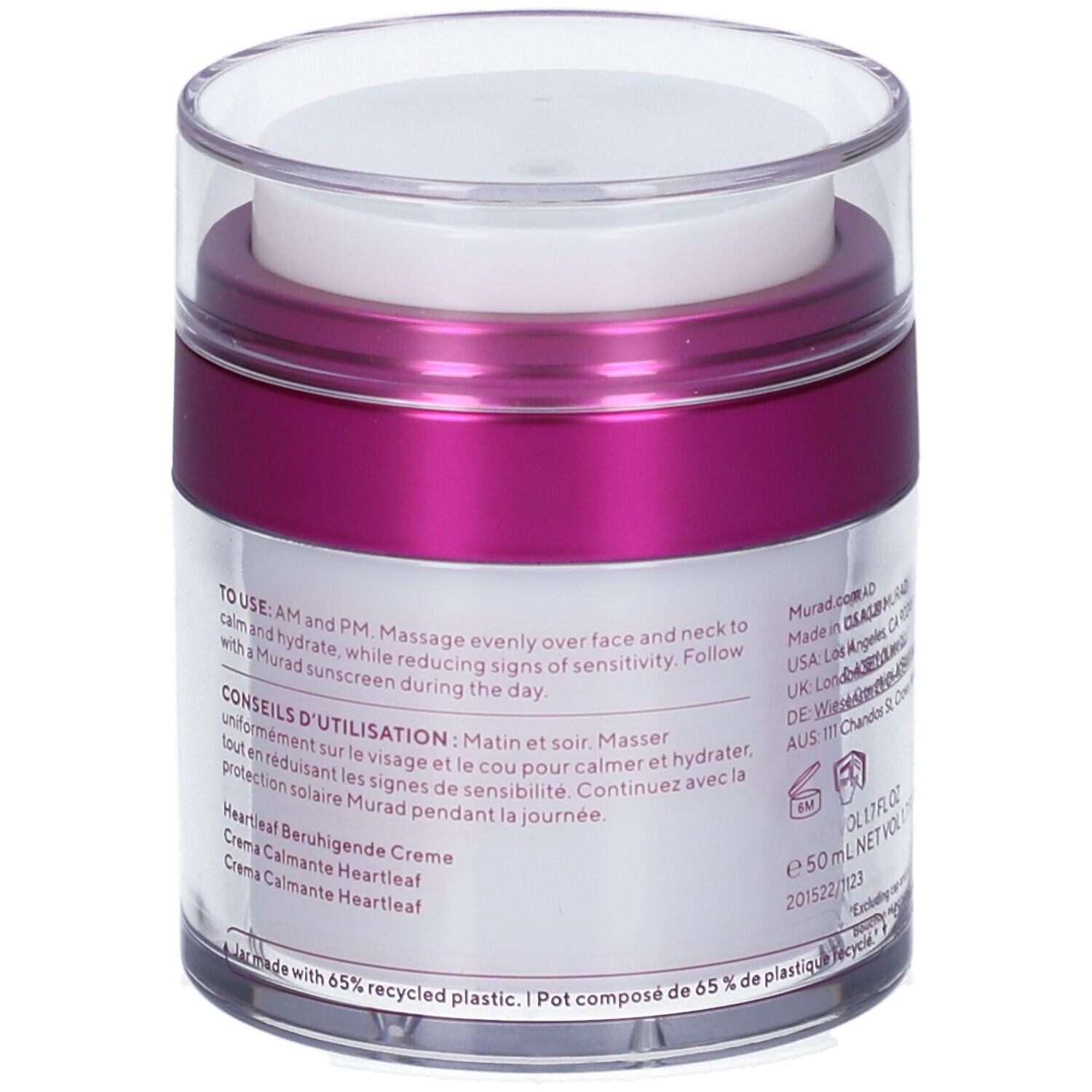 Retro del vasetto di crema. Scritte, tra cui Murad, ingredienti e volume. Contenitore trasparente.