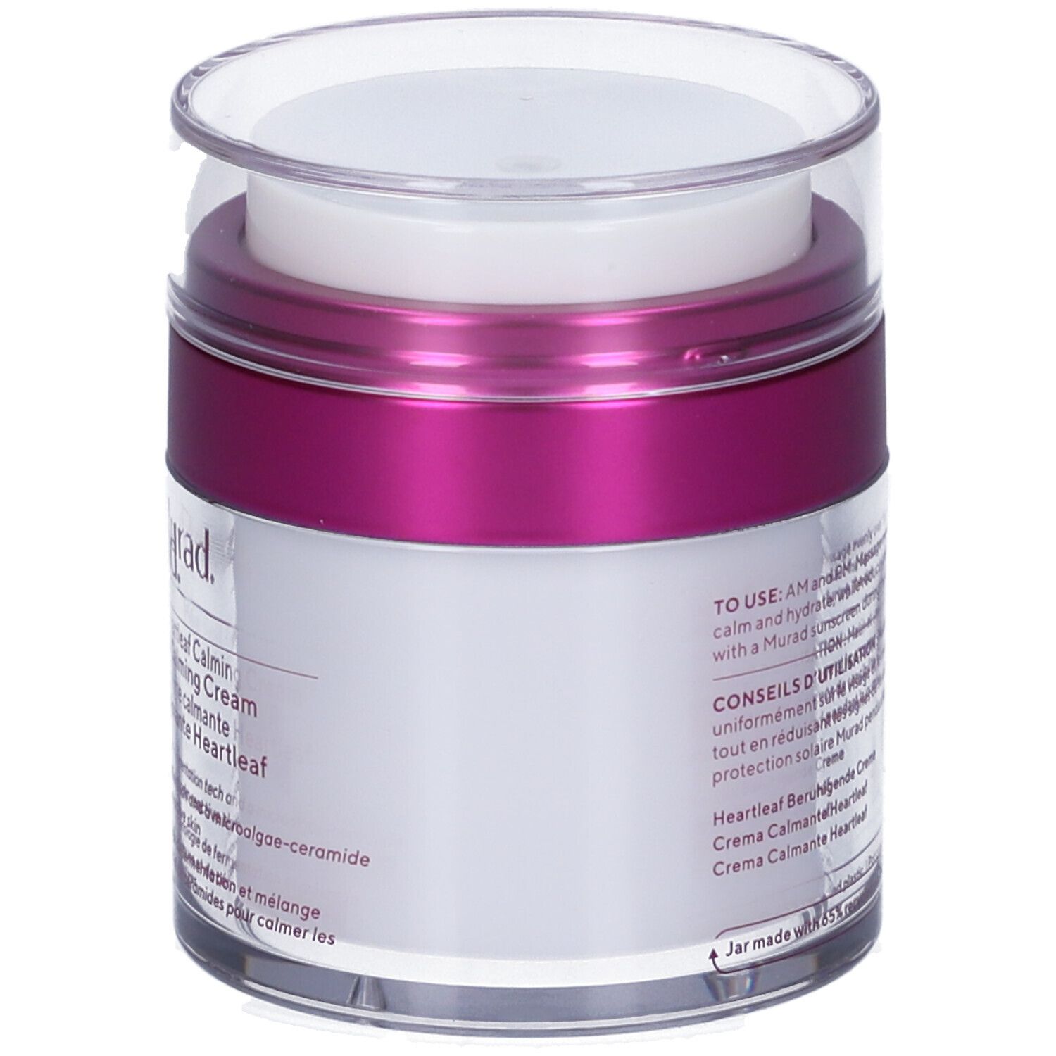 Retro del vasetto di crema. Scritte, tra cui Murad, ingredienti e volume. Contenitore trasparente.