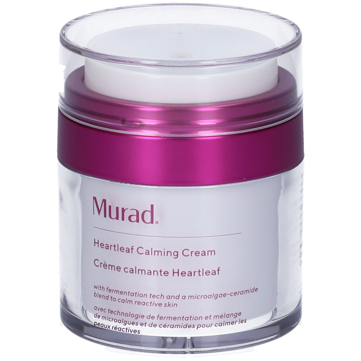 Vasetto di crema con coperchio. Scritta Murad, Heartleaf Calming Cream. Accento rosa. Contenitore trasparente.