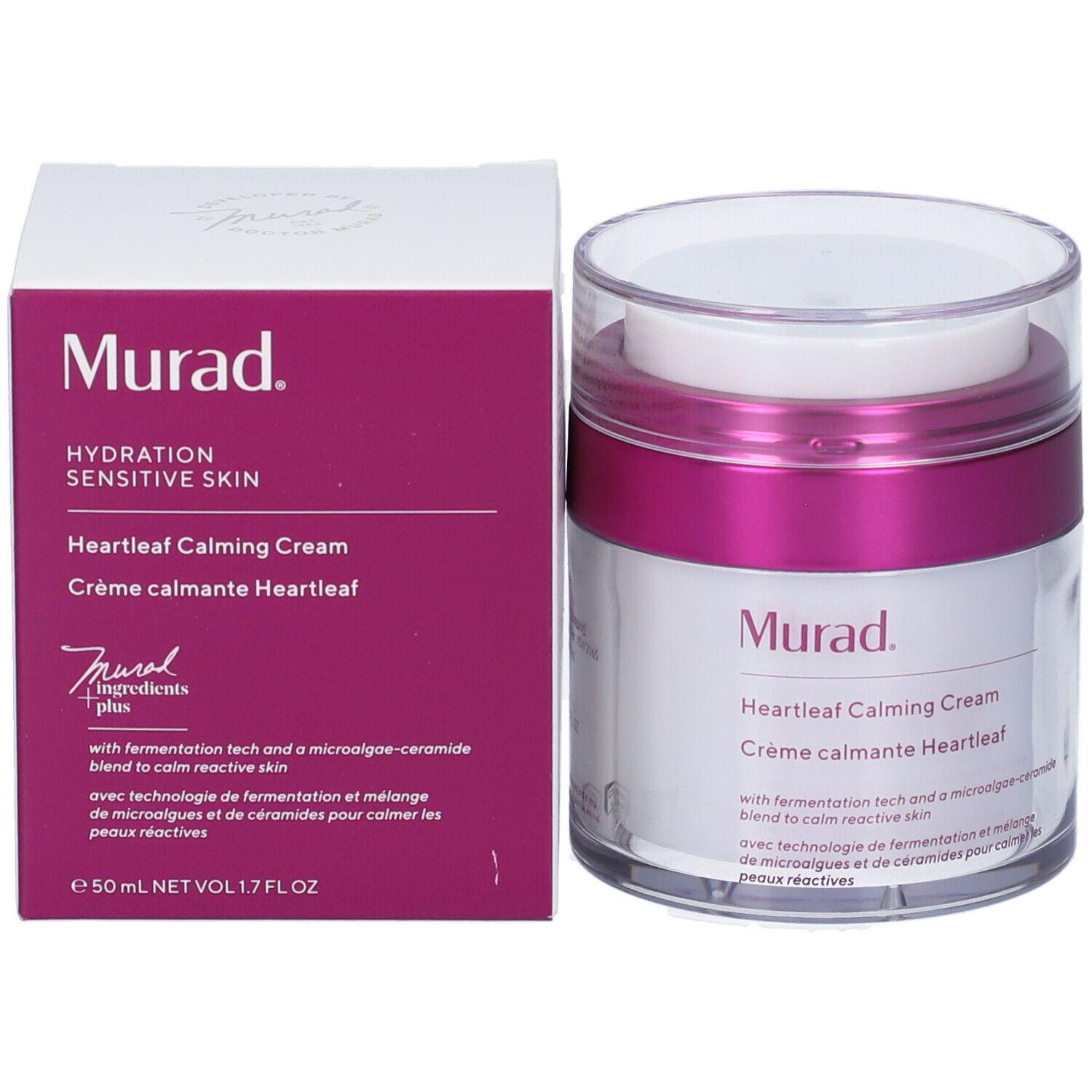 Vasetto di crema e confezione. Scritta Murad, Heartleaf Calming Cream. Accento rosa. Confezione bianca.