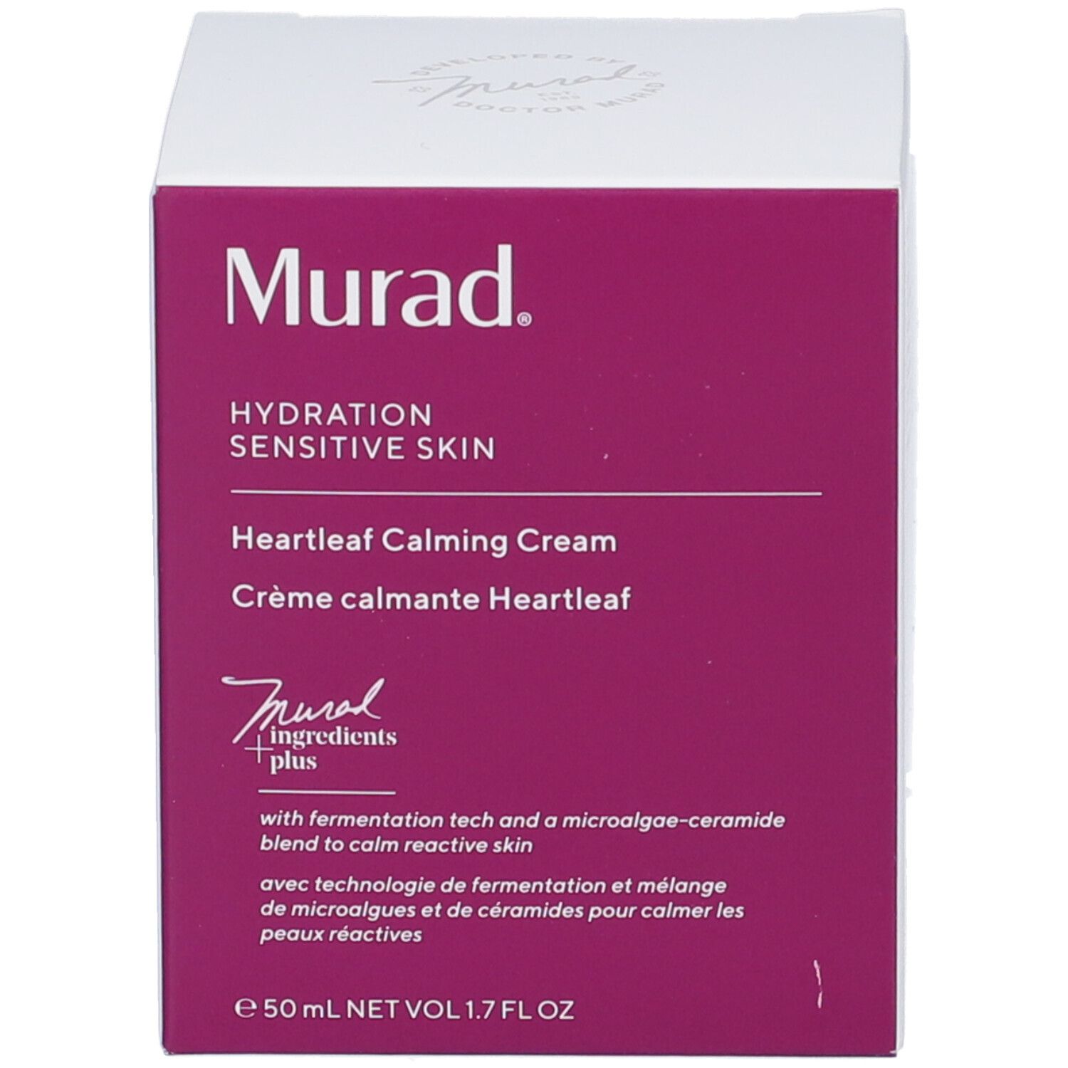Confezione. Scritta Murad, Heartleaf Calming Cream. Accento rosa. Confezione bianca.