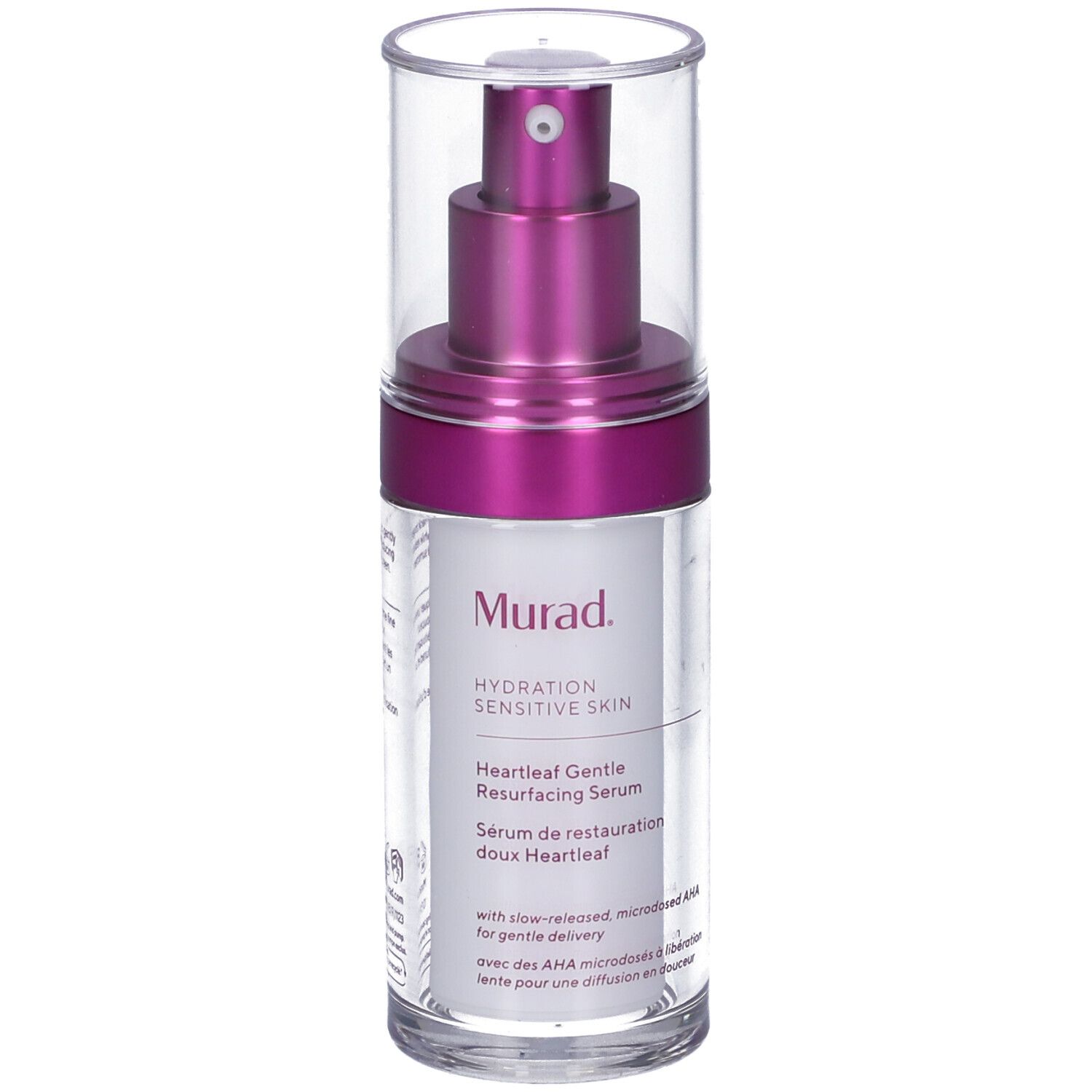 Siero Murad Heartleaf Gentle Resurfacing. Flacone bianco con dosatore a pompa. Testo: Hydration Sensitive Skin, Siero Levigante Delicato.