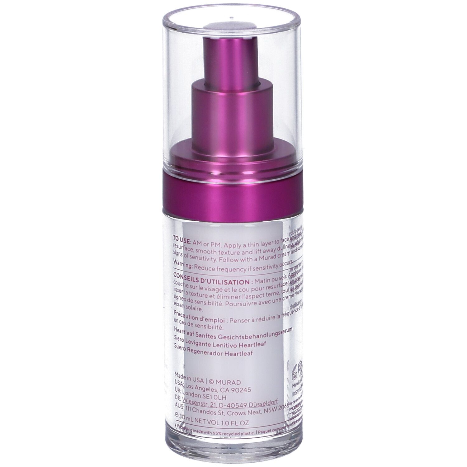 Retro del flacone di siero Murad. Informazioni testuali e loghi.