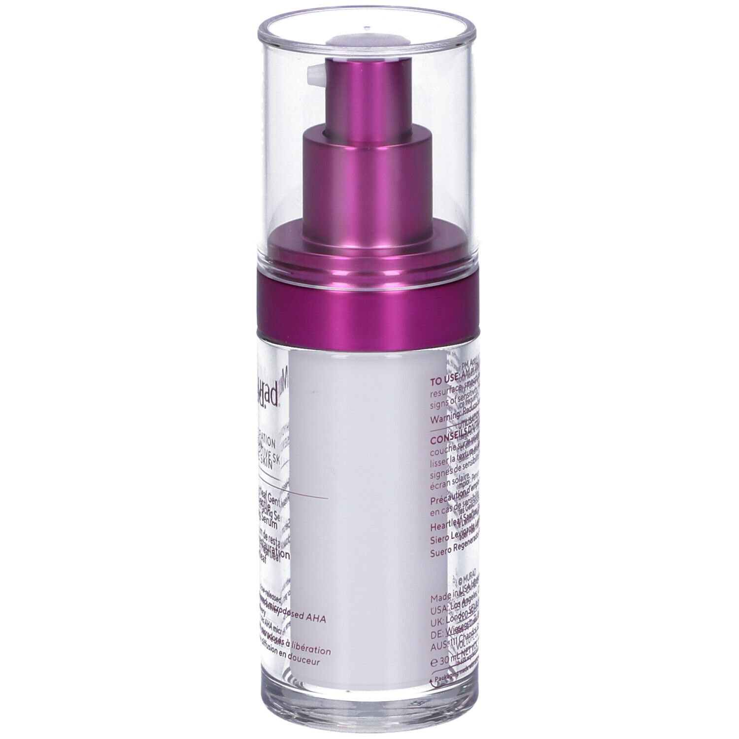 Retro del flacone di siero Murad. Informazioni testuali e loghi.