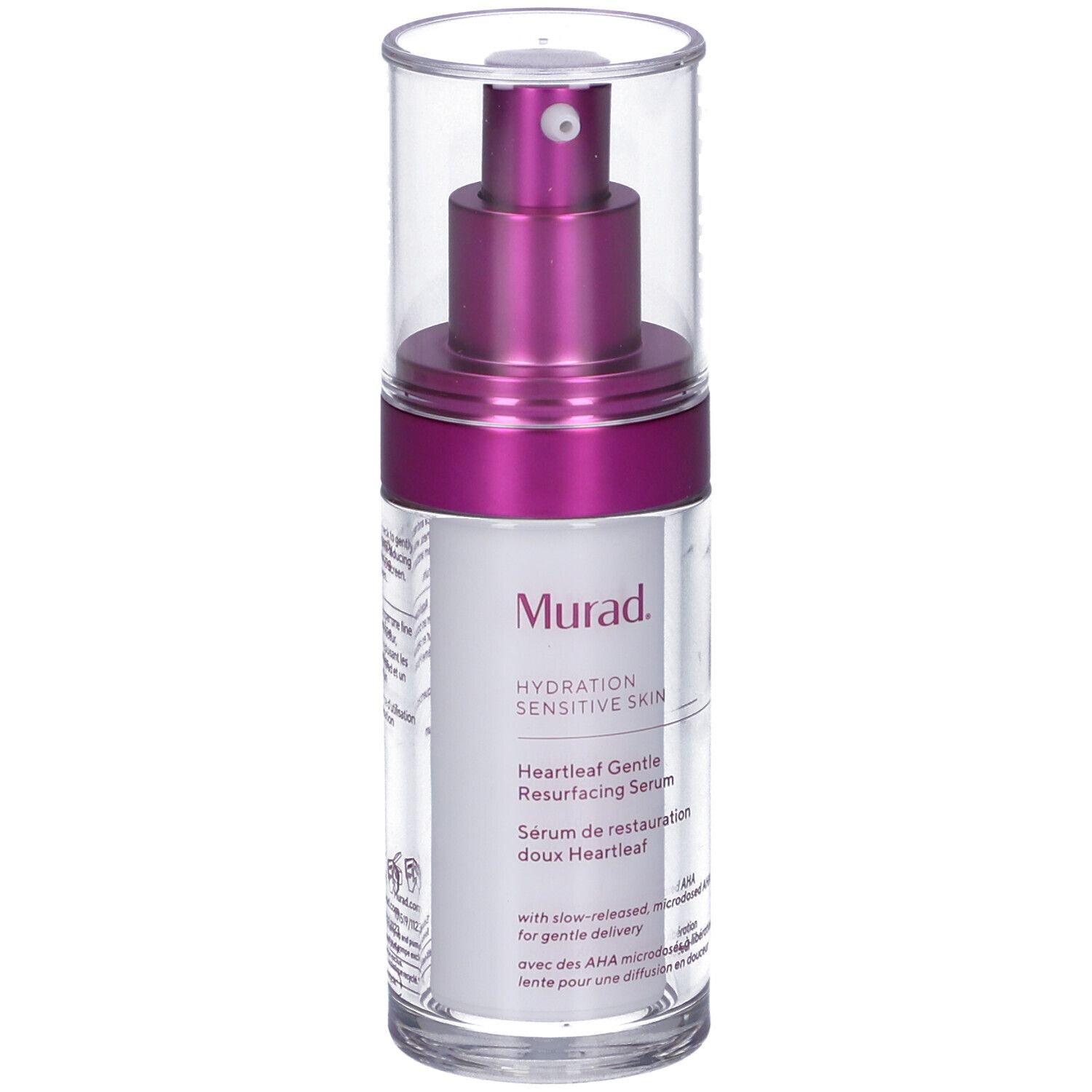 Siero Murad Heartleaf Gentle Resurfacing. Flacone bianco con dosatore a pompa. Testo: Hydration Sensitive Skin, Siero Levigante Delicato.