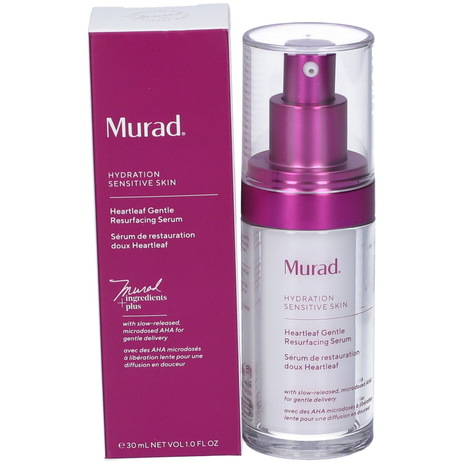 Siero Murad Heartleaf e confezione. Flacone con dosatore a pompa e scatola.