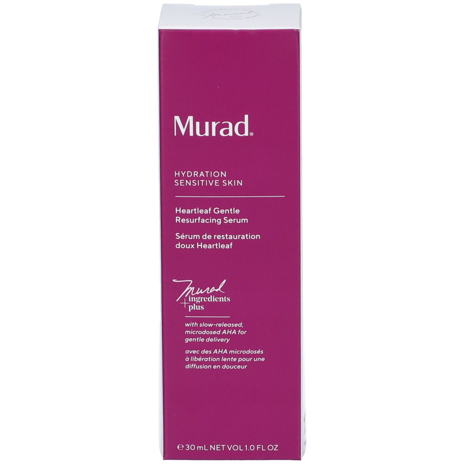 Confezione del siero Murad Heartleaf. Scatola rettangolare magenta.