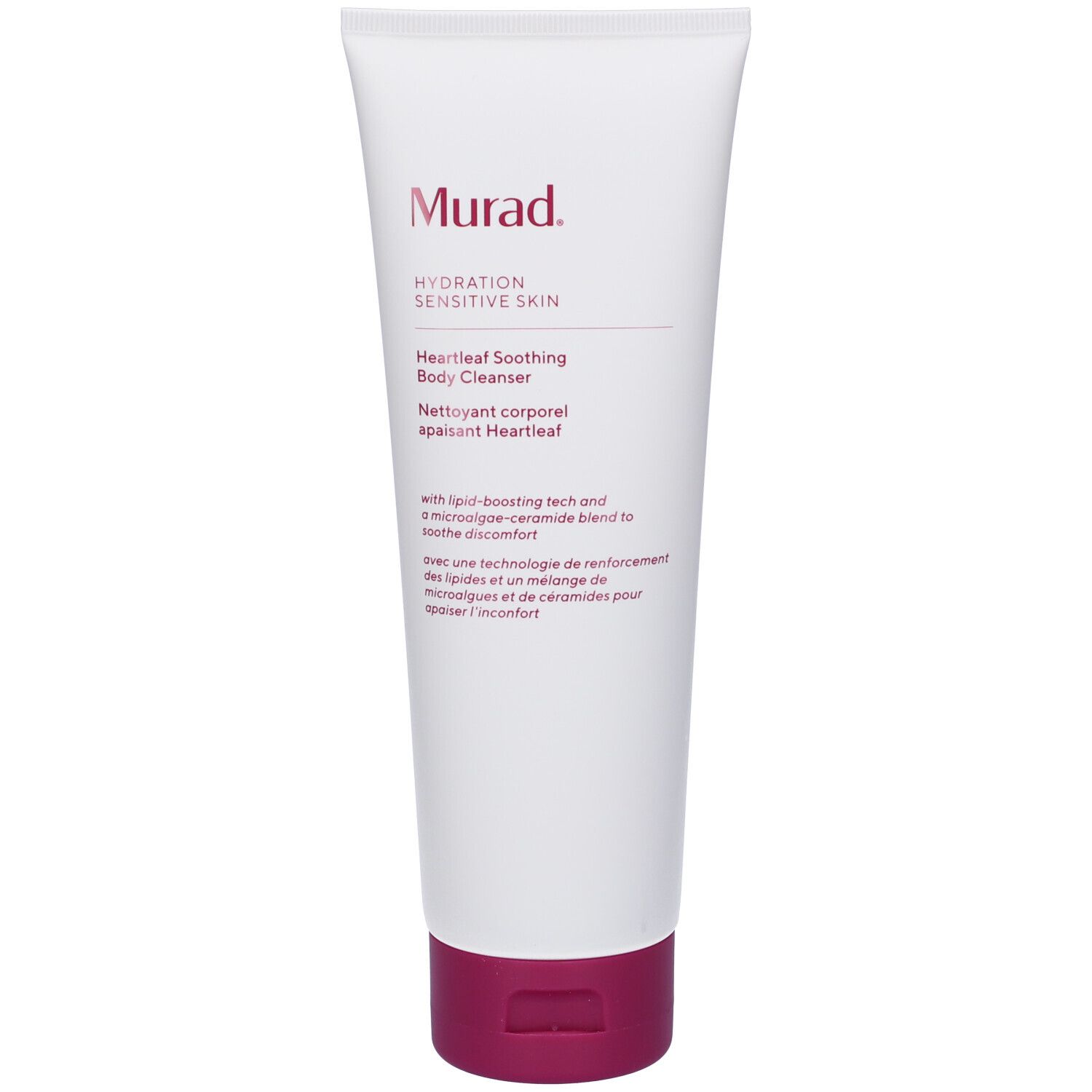 Tubo bianco con tappo rosa. Scritta Murad, Hydration Sensitive Skin, Heartleaf Soothing Body Cleanser.