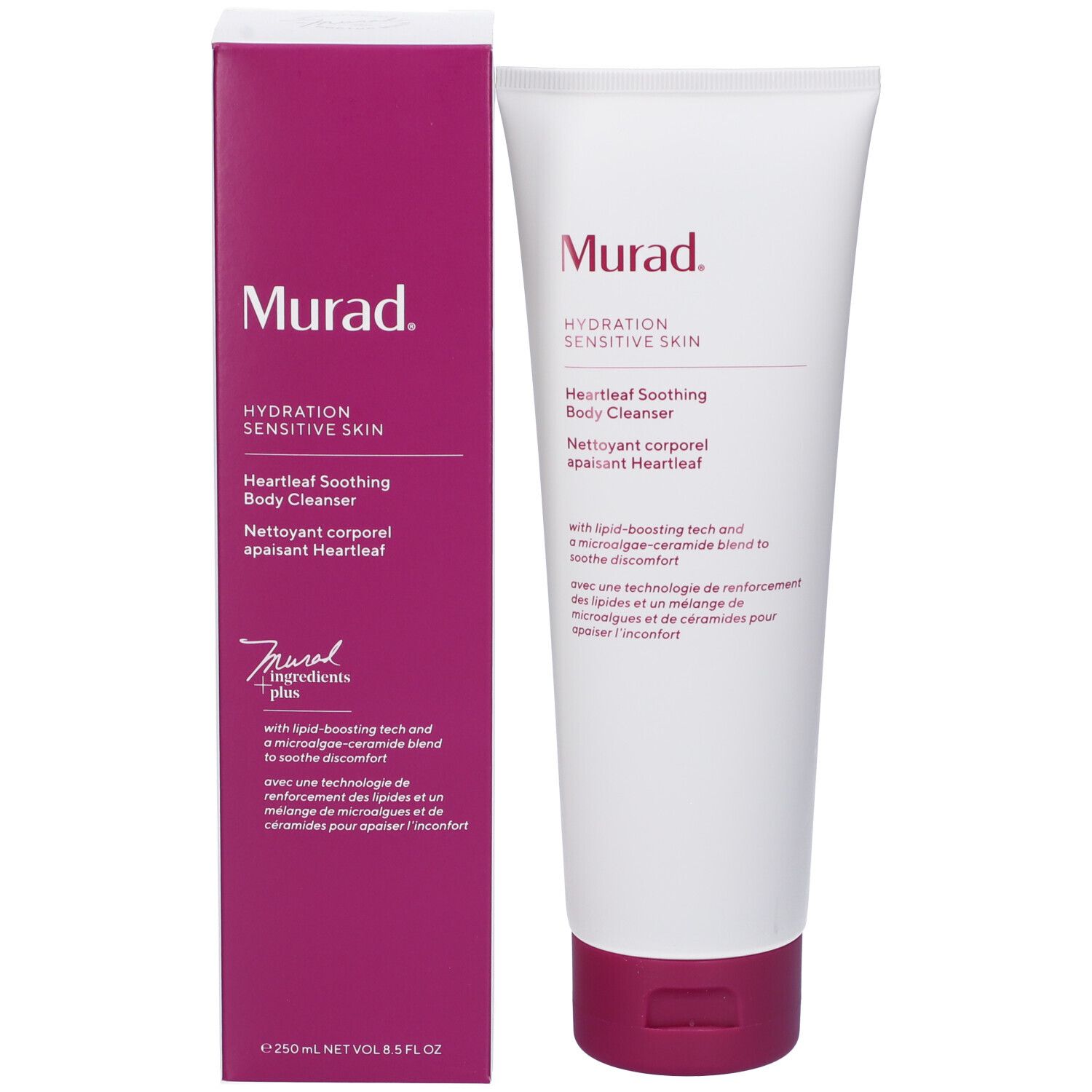 Confezione del prodotto. Scatola rosa con tubo. Scritta Murad, Heartleaf Soothing Body Cleanser.