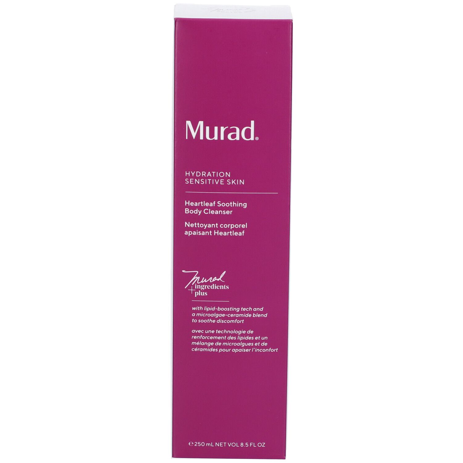 Confezione del prodotto. Scatola rosa. Scritta Murad, Heartleaf Soothing Body Cleanser.