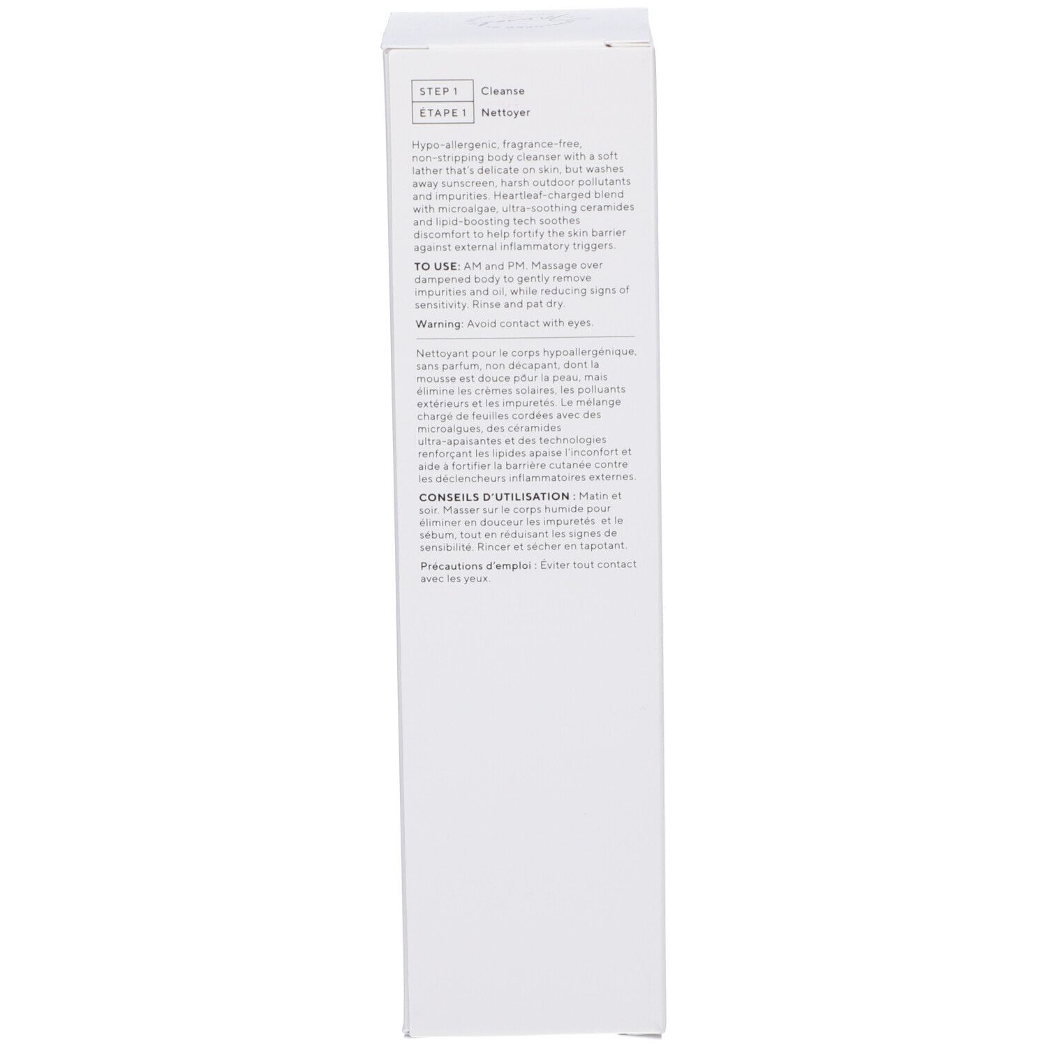 Lato della confezione. Testo multilingue. Scatola rosa.