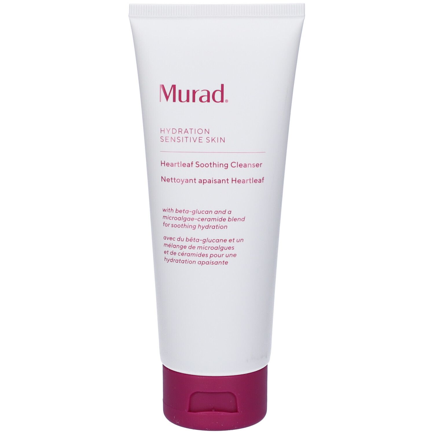 Retro del tubo bianco con tappo viola. Testo: Istruzioni per l'uso, ingredienti, informazioni sul produttore.