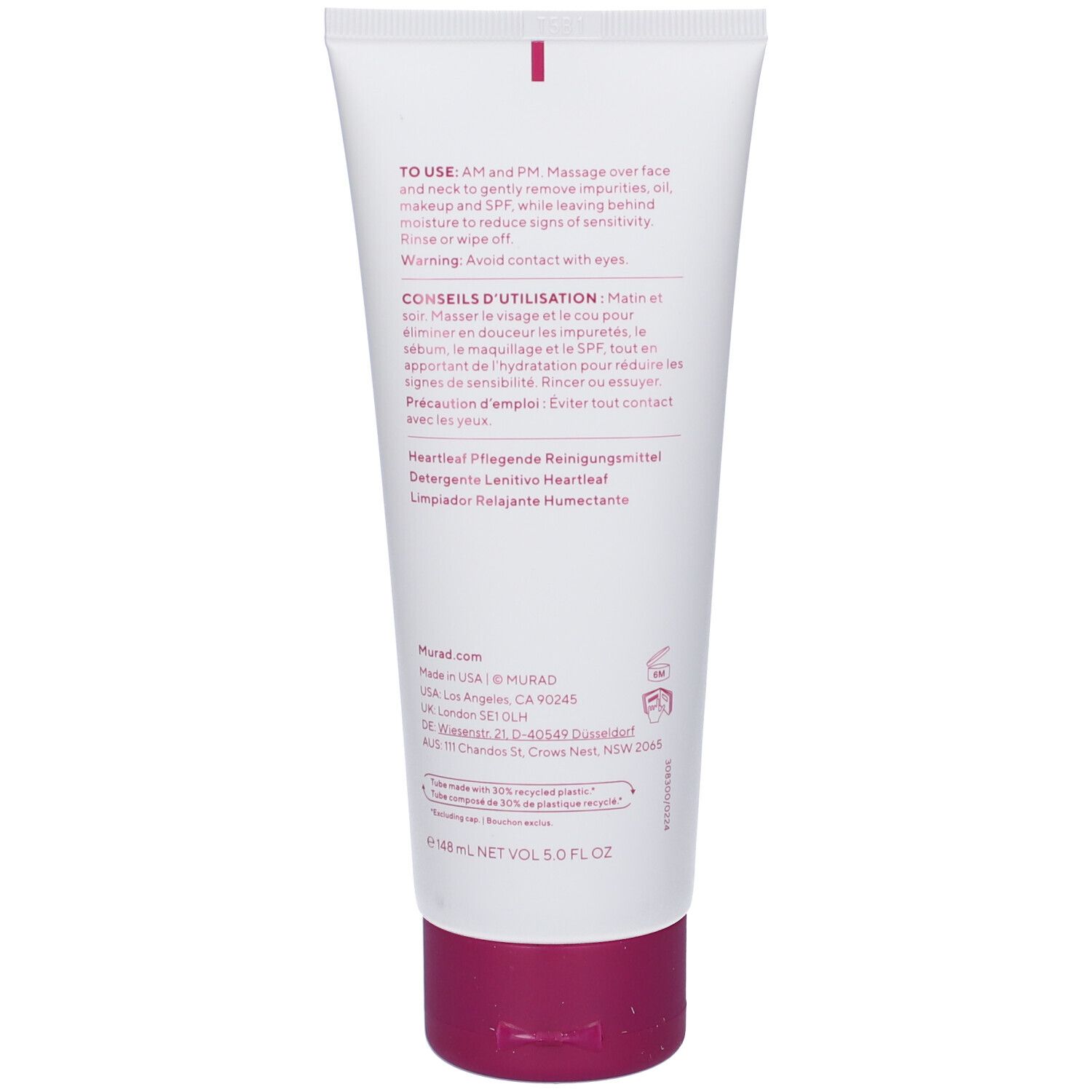 Confezione del prodotto: tubo e scatola. Tubo bianco con tappo viola. Scatola viola-bianca. Testo: Murad, Heartleaf Soothing Cleanser.