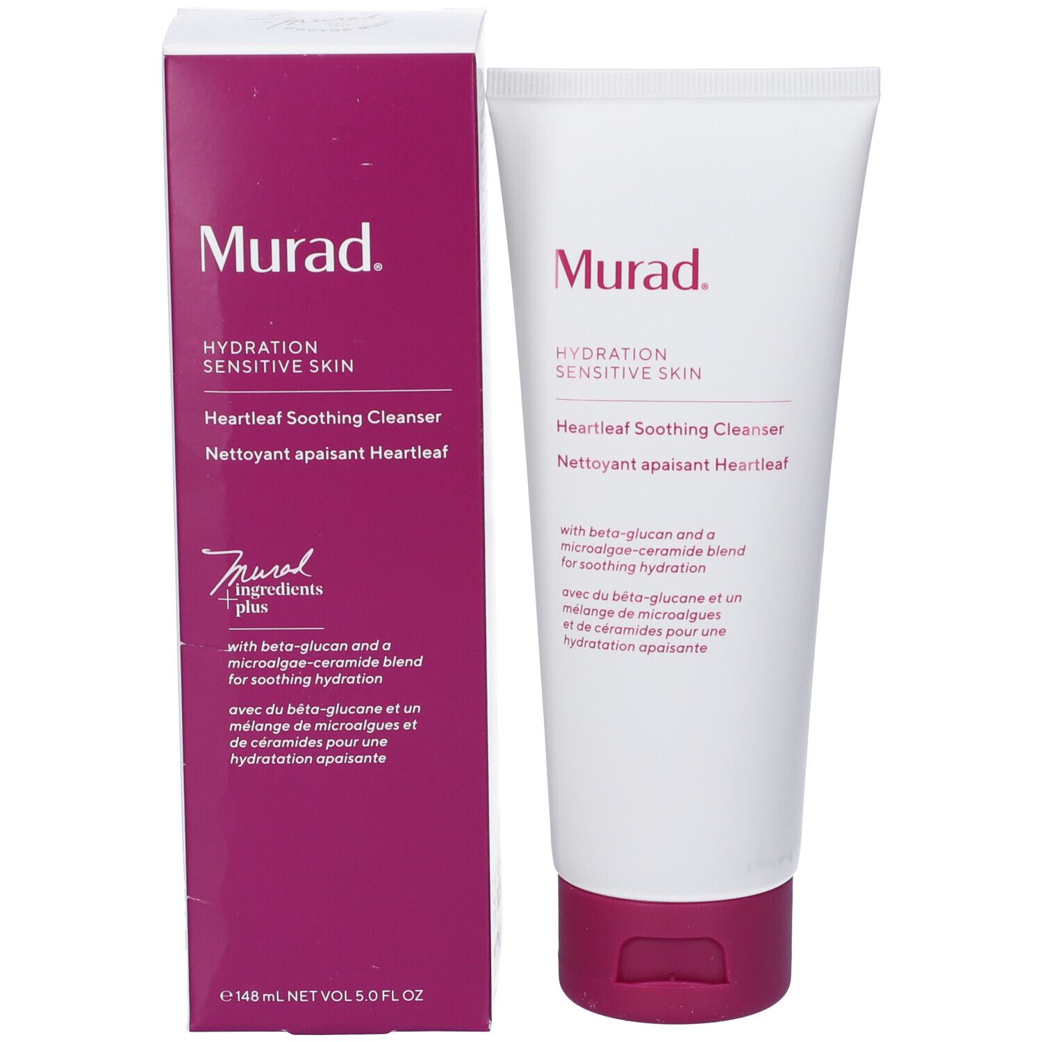 Confezione del prodotto: scatola e tubo. Scatola viola-bianca. Tubo bianco con tappo viola. Testo: Murad, Heartleaf Soothing Cleanser.