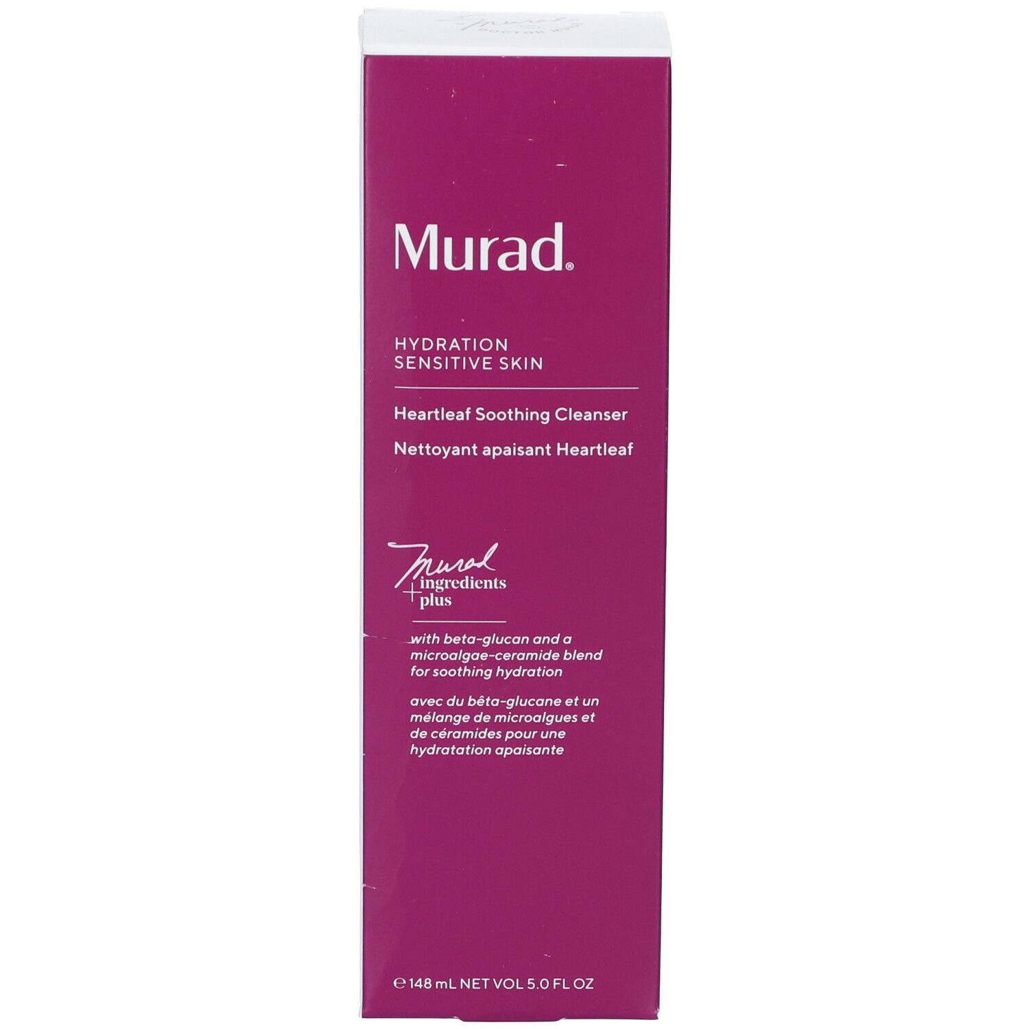 Confezione del prodotto: scatola viola-bianca. Testo: Murad, Heartleaf Soothing Cleanser. Vista laterale.