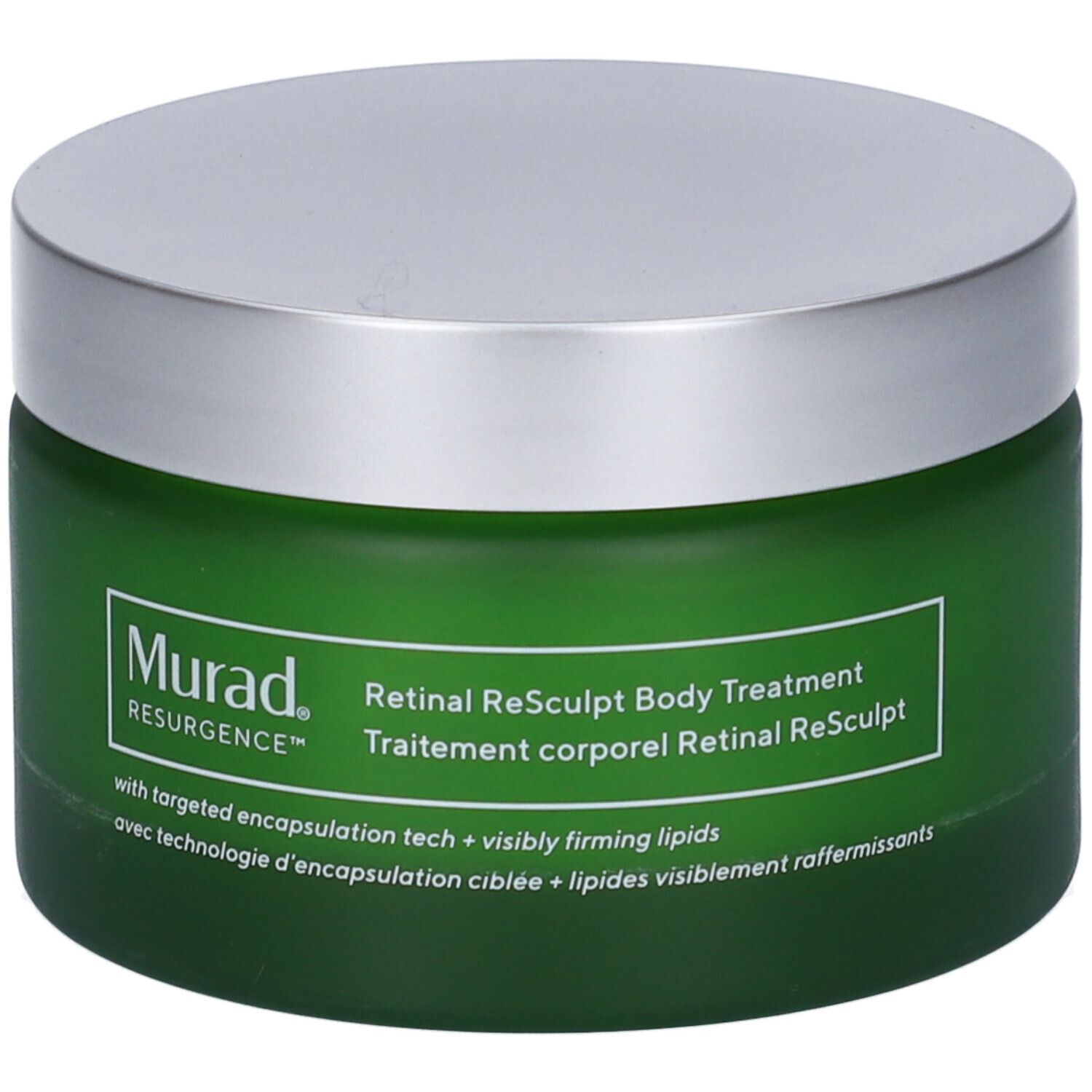 Vaso verde con coperchio argentato. Scritta: Murad Resurgence, Retinal ReSculpt Body Treatment.