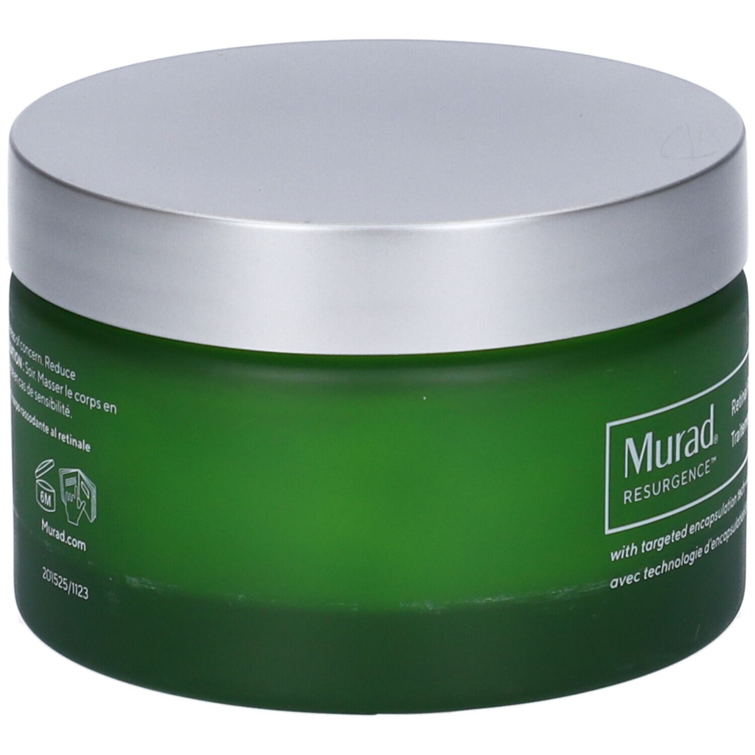 Vaso verde con coperchio argentato. Retro con testo e loghi.