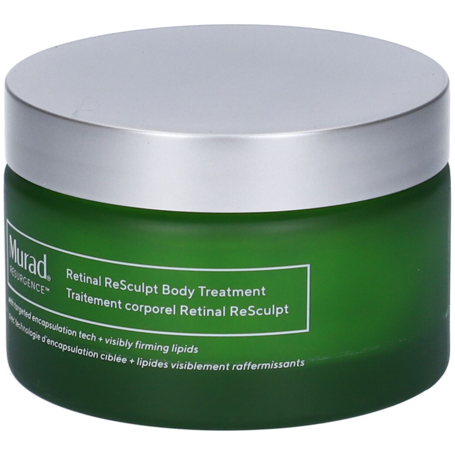Vaso verde con coperchio argentato. Scritta: Murad Resurgence, Retinal ReSculpt Body Treatment.