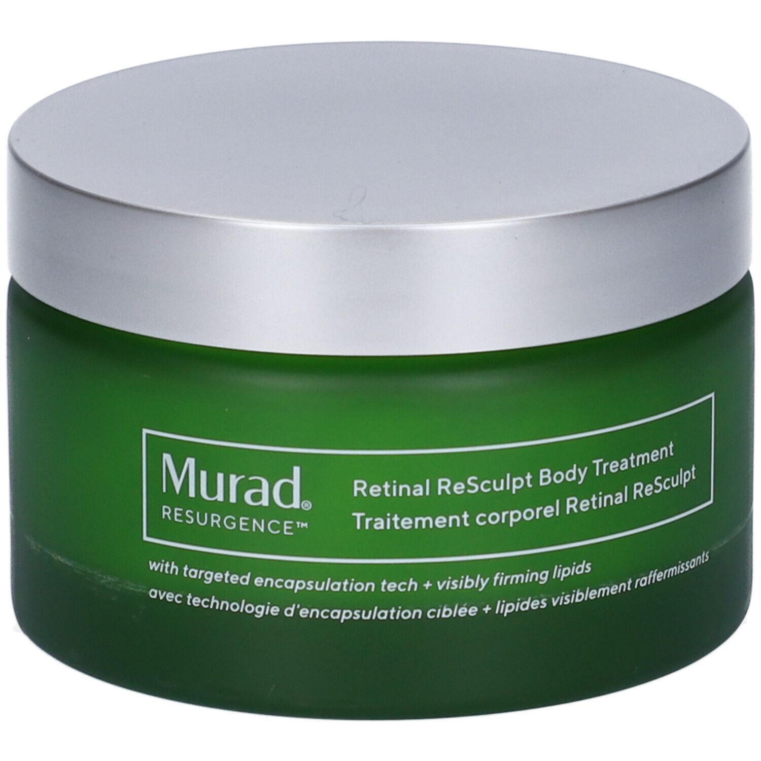 Vaso verde con coperchio argentato. Scritta: Murad Resurgence, Retinal ReSculpt Body Treatment.