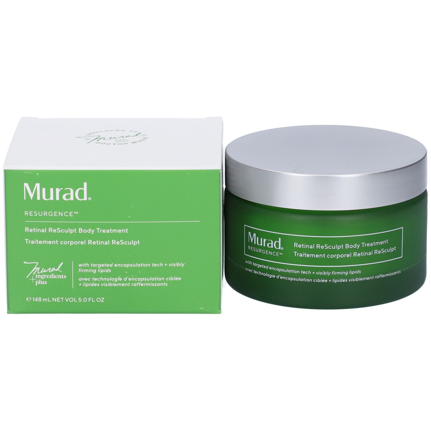 Vaso verde e scatola. Scritta: Murad Resurgence, Retinal ReSculpt Body Treatment.
