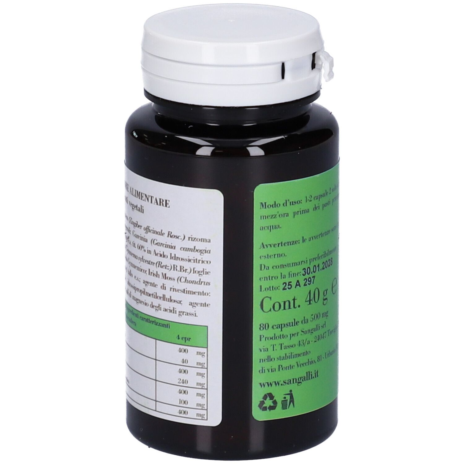 Flacone scuro con tappo bianco. Etichetta con informazioni sul prodotto, inclusi ingredienti e dosaggio. Testo in italiano.