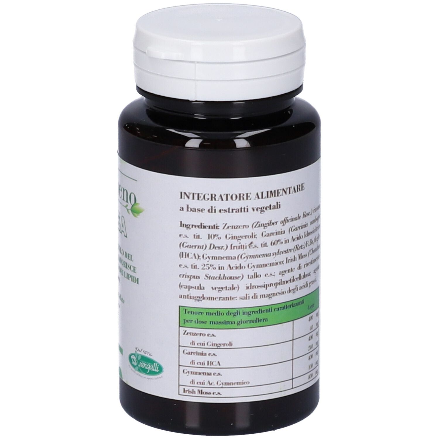 Flacone scuro con tappo bianco. Etichetta con informazioni sul prodotto, inclusi ingredienti e dosaggio. Testo in italiano.