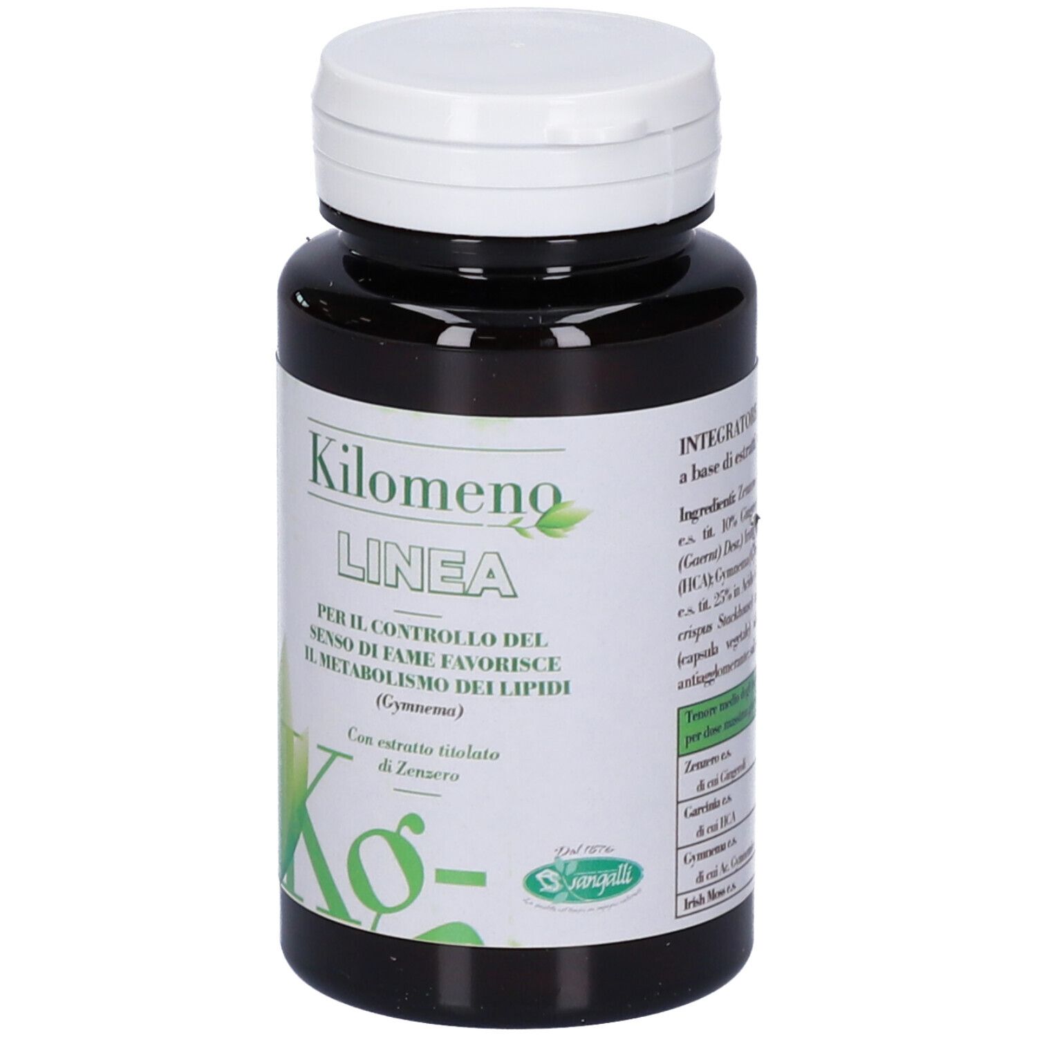 Flacone scuro con tappo bianco. Etichetta con nome prodotto Kilomeno LINEA e foglie verdi. Testo in italiano.