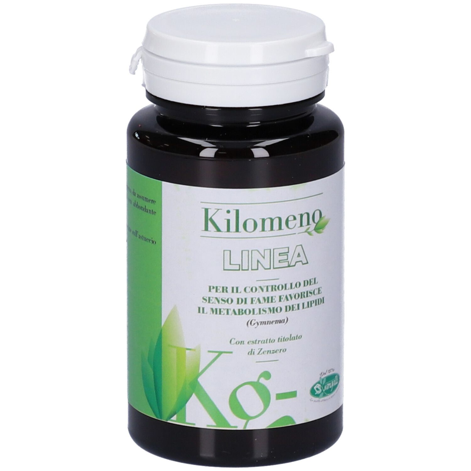 Flacone scuro con tappo bianco. Etichetta con nome prodotto Kilomeno LINEA e foglie verdi. Testo in italiano.