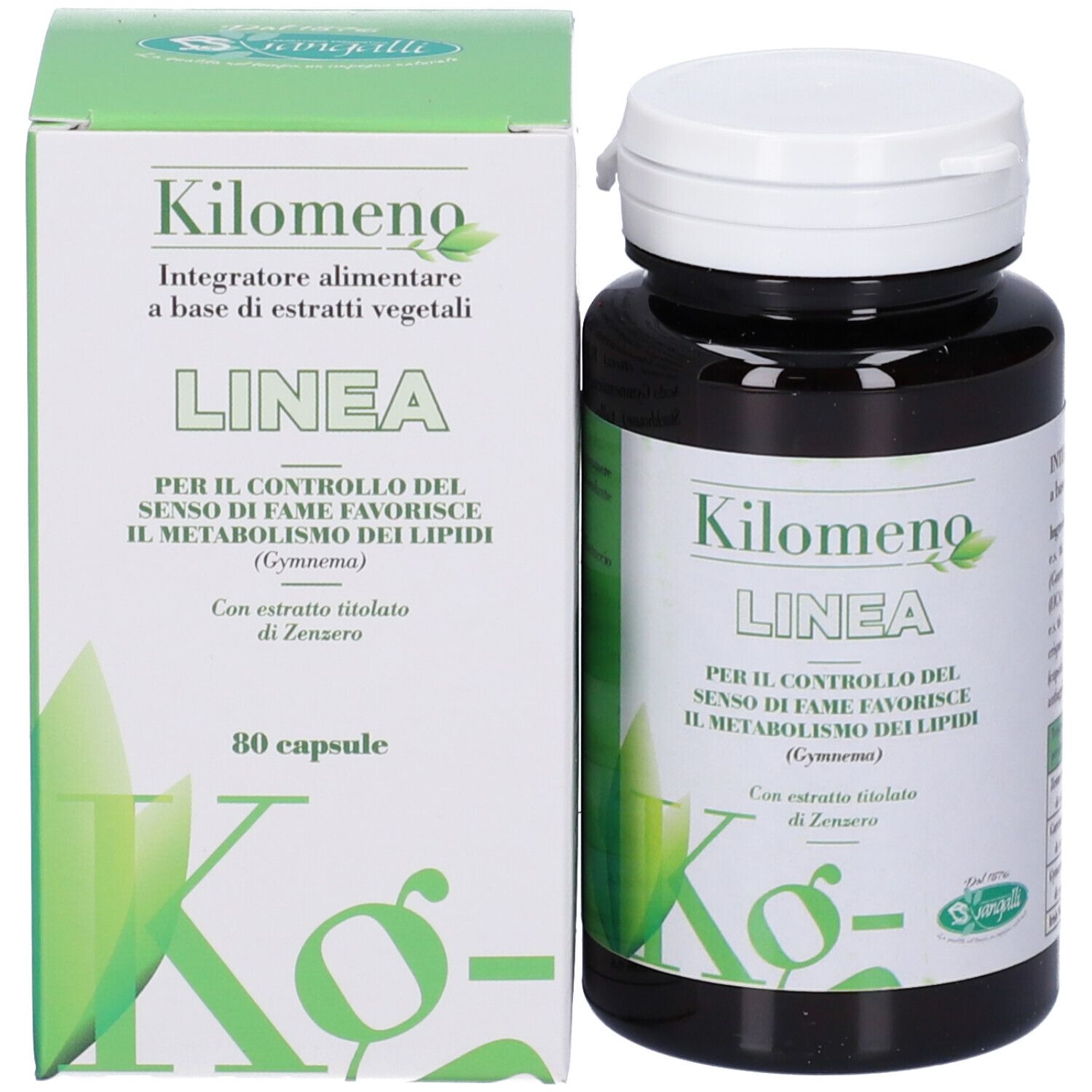Confezione e flacone del prodotto. Confezione con nome prodotto Kilomeno LINEA e foglie verdi. Flacone accanto.