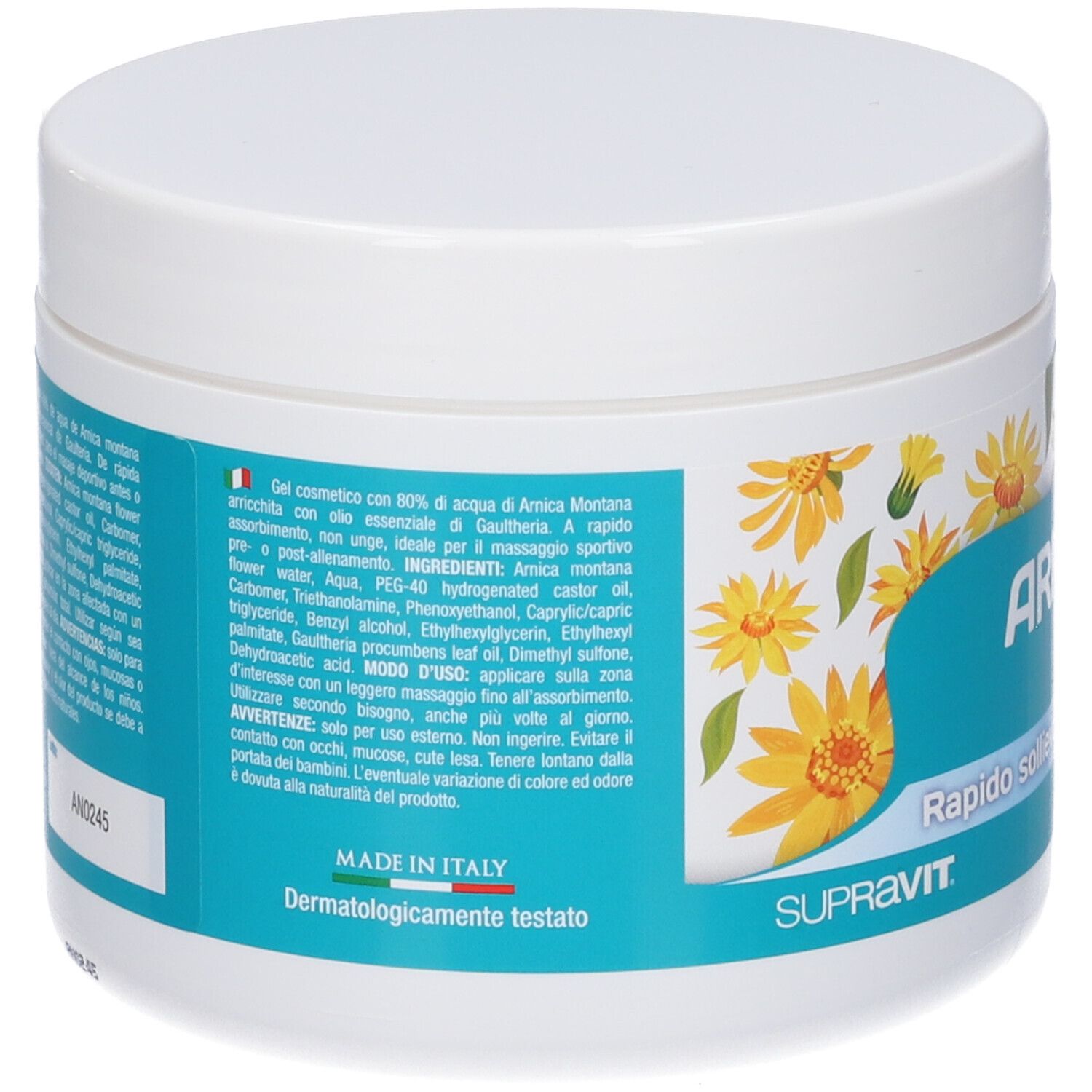 Vasetto bianco, retro. Etichetta blu con testo. Fiori gialli. Scritta: MADE IN ITALY. Marchio SUPRAVIT.