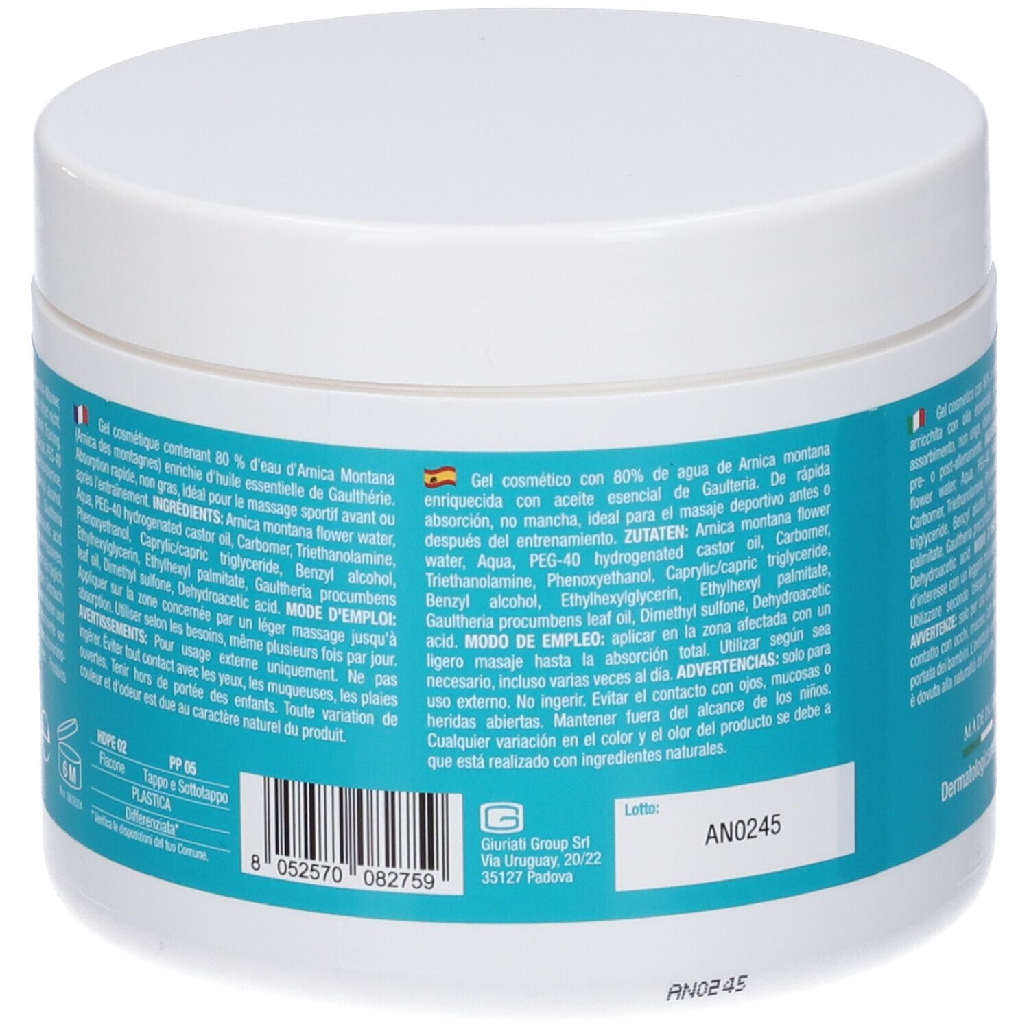 Vasetto bianco, retro. Etichetta blu con testo. Fiori gialli. Codice a barre. Marchio SUPRAVIT.