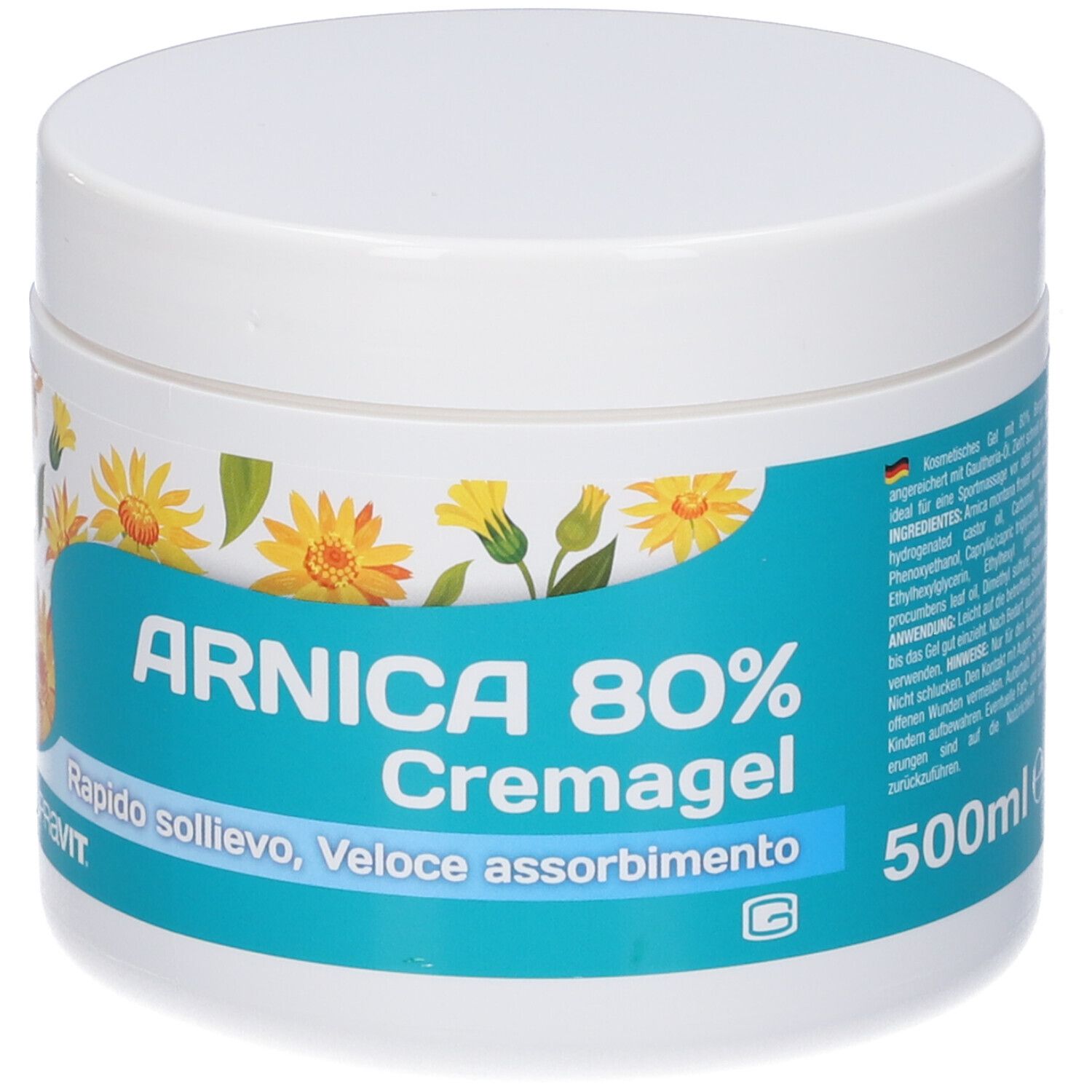 Vasetto bianco con etichetta blu. Scritta: ARNICA 80% Cremagel. Fiori gialli. 500ml. Marchio SUPRAVIT.