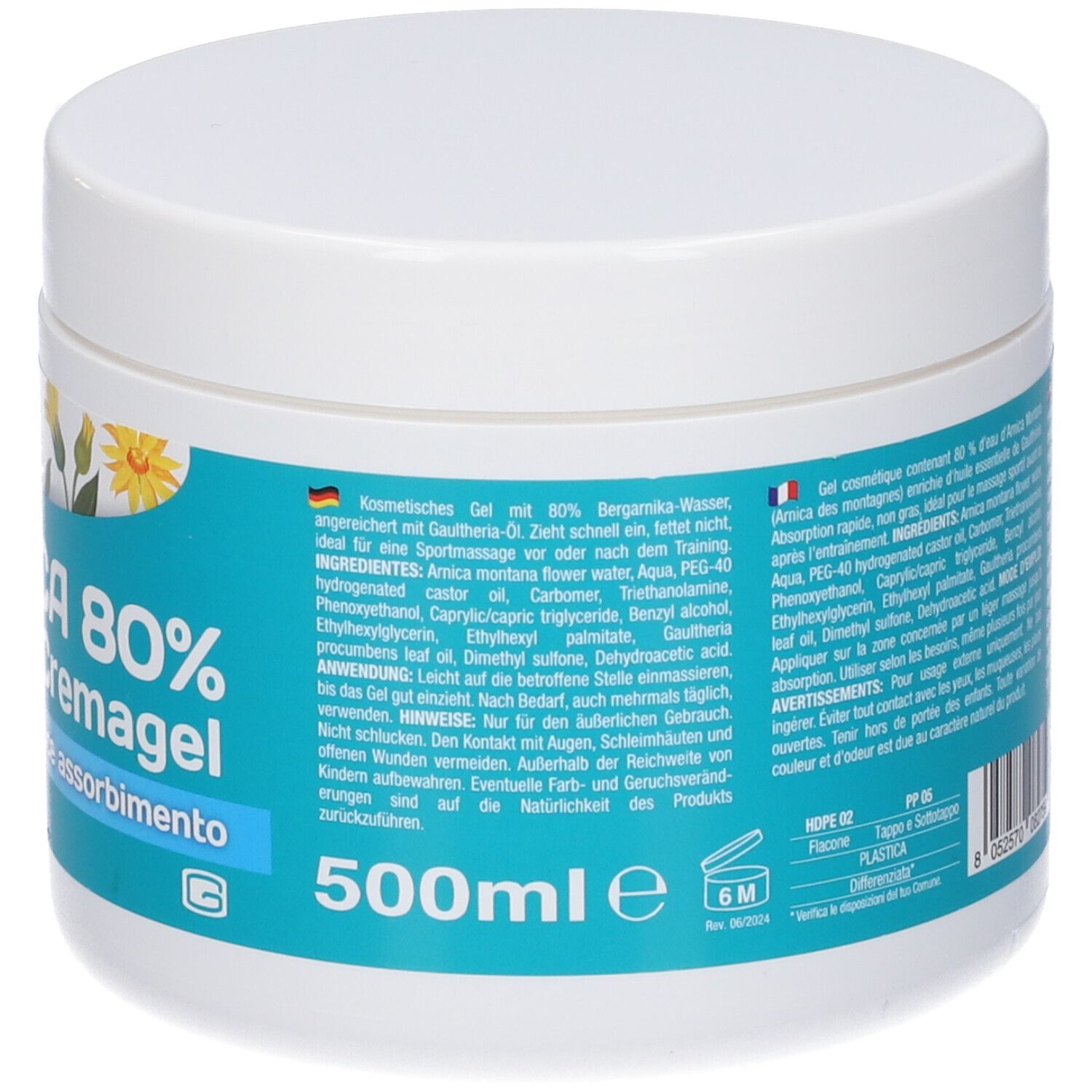 Vasetto bianco, retro. Etichetta blu con testo. Fiori gialli. 500ml. Marchio SUPRAVIT.