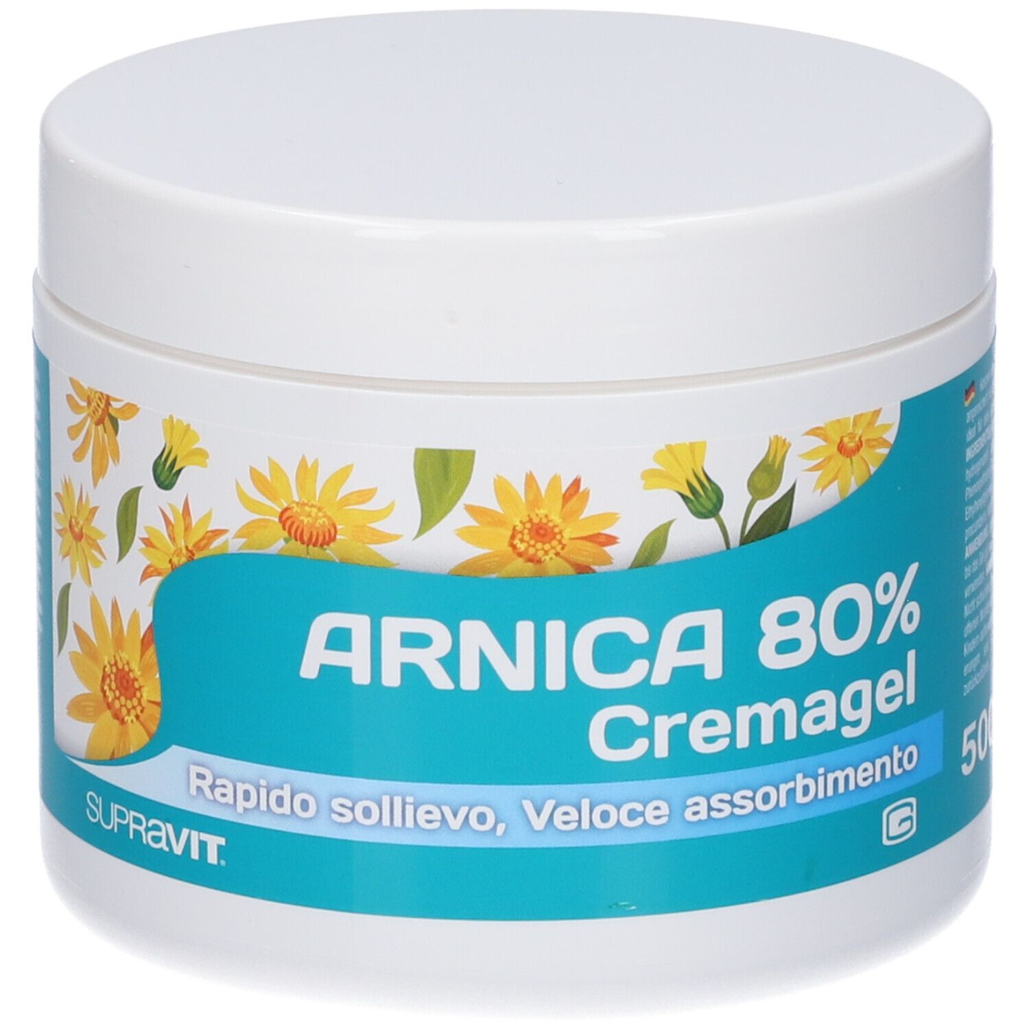 Vasetto bianco con etichetta blu. Scritta: ARNICA 80% Cremagel. Fiori gialli. Marchio SUPRAVIT.