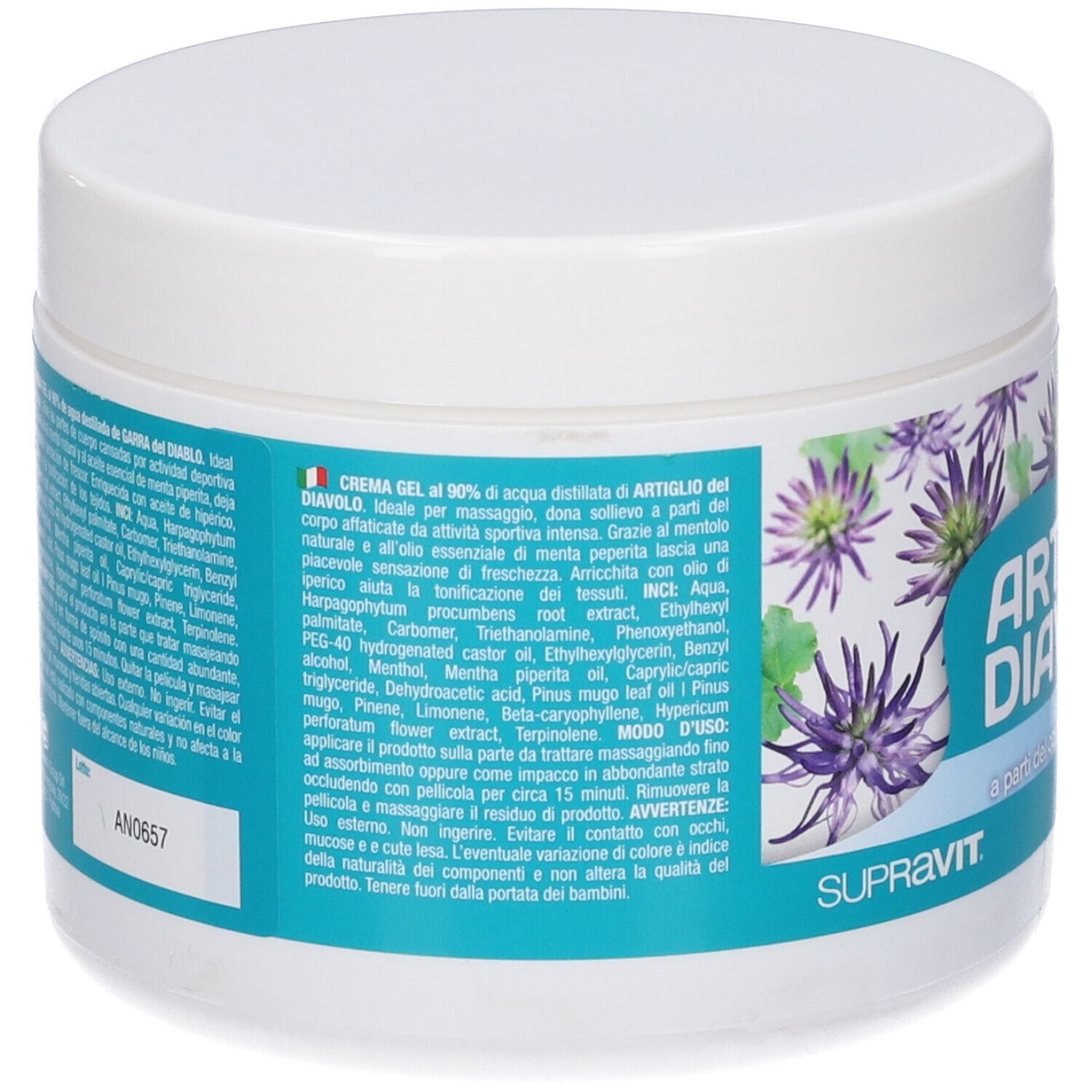 Retro del vaso bianco. Testo multilingue. Scritta: ARTIGLIO DEL DIAVOLO. SUPRAVIT. Ingredienti e modo d'uso.