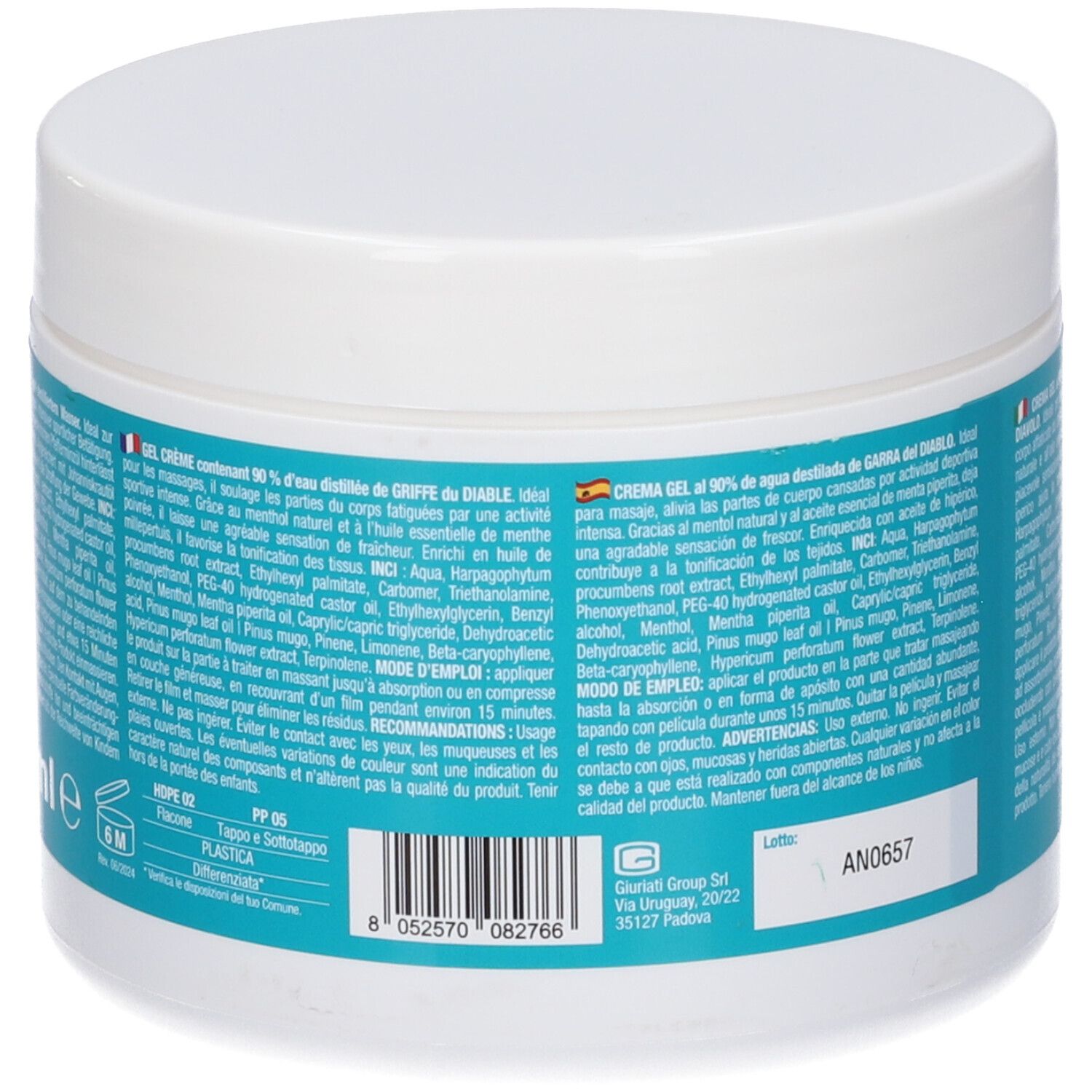 Retro del vaso bianco. Testo multilingue. Scritta: ARTIGLIO DEL DIAVOLO. SUPRAVIT. Ingredienti e modo d'uso.