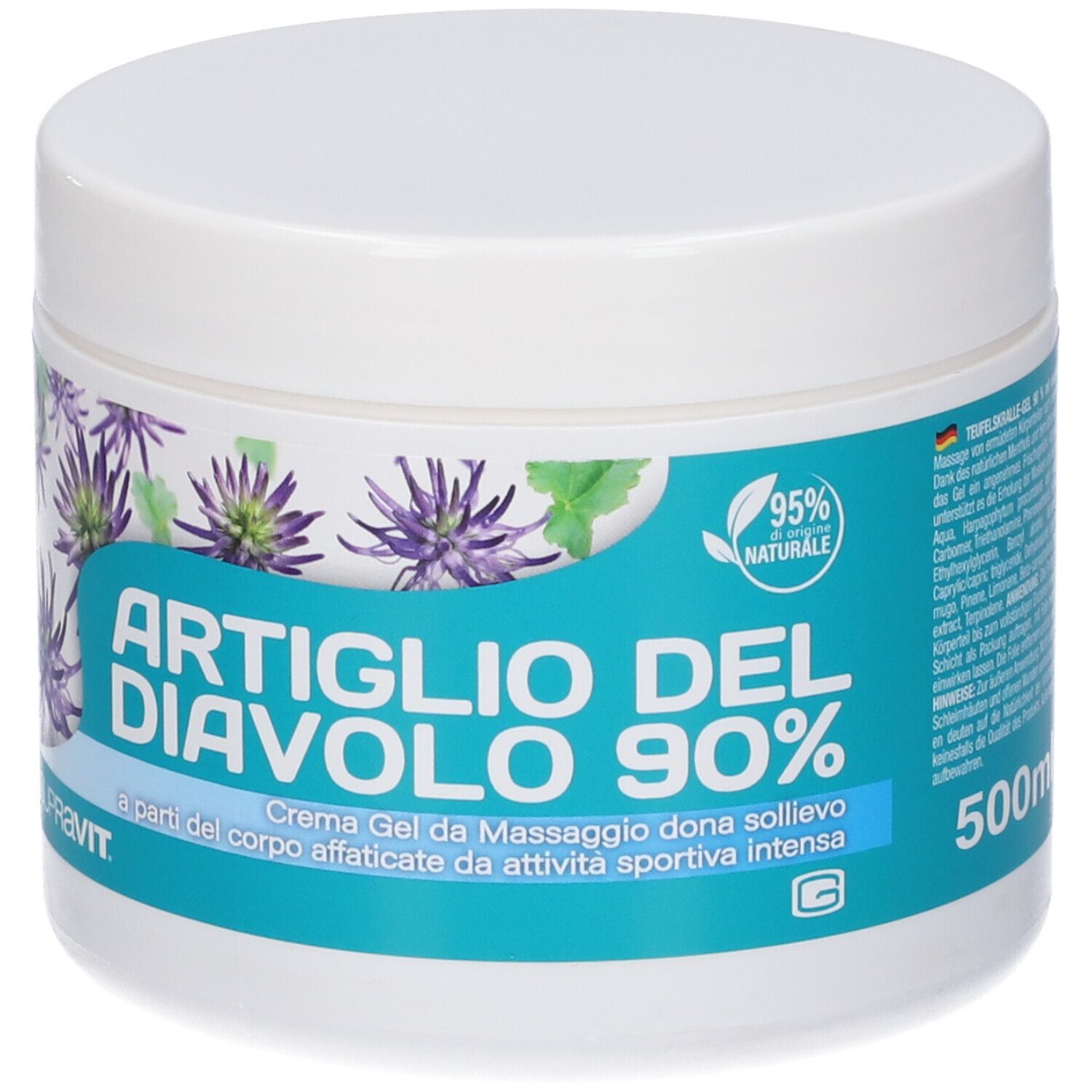 Vaso bianco con etichetta blu. Scritta: ARTIGLIO DEL DIAVOLO 90%. SUPRAVIT. 500ml. 95% naturale. Illustrazione di fiori.