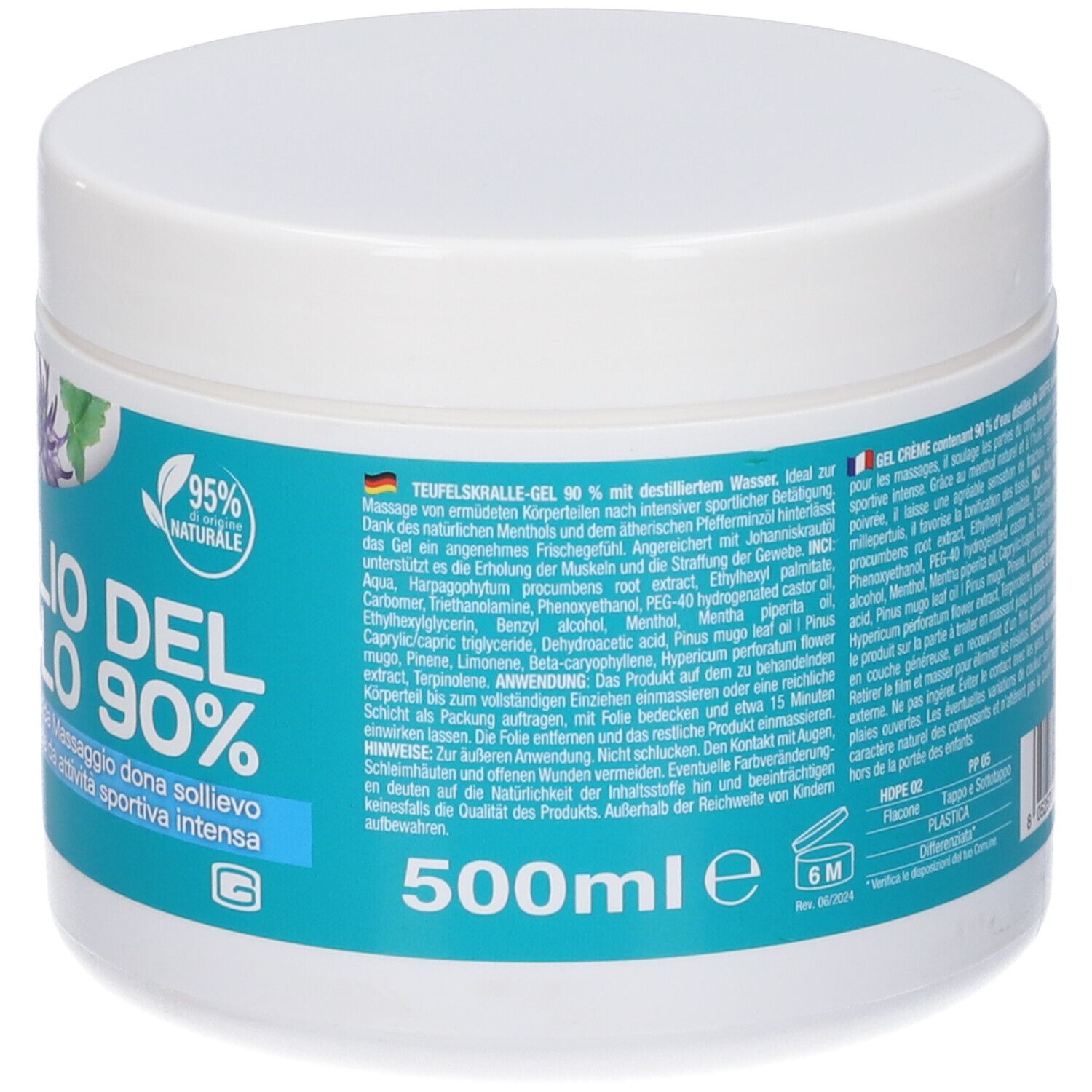 Retro del vaso bianco. Testo multilingue. Scritta: ARTIGLIO DEL DIAVOLO. SUPRAVIT. 500ml. 95% naturale.