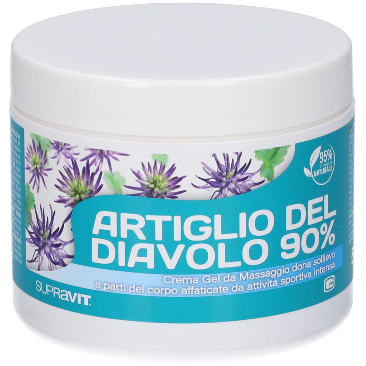 Vaso bianco con etichetta blu. Scritta: ARTIGLIO DEL DIAVOLO 90%. SUPRAVIT. 95% naturale. Illustrazione di fiori.