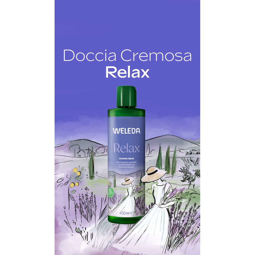 Pubblicità per WELEDA Doccia Cremosa Relax. Sfondo viola con flacone e testo. Paesaggio.