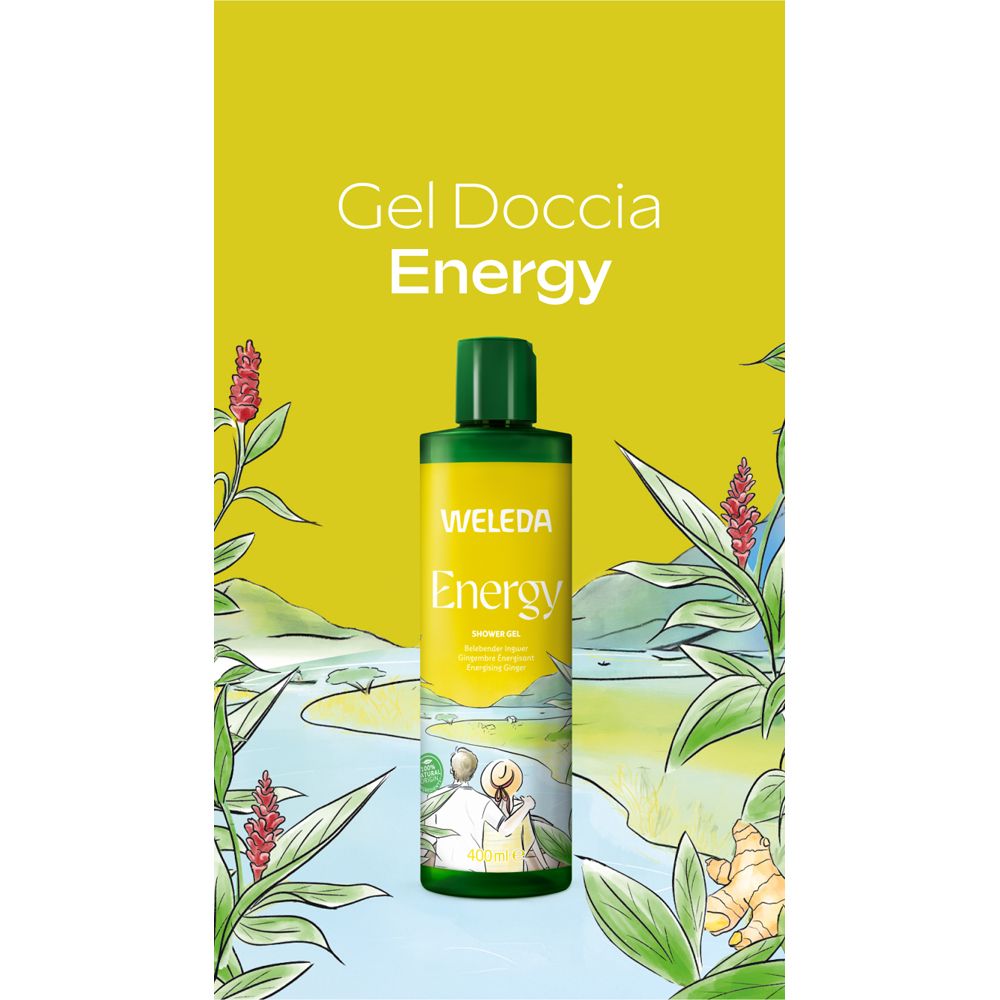 WELEDA Energy Gel Doccia. Flacone con tappo verde. Etichetta gialla con nome prodotto e illustrazione.