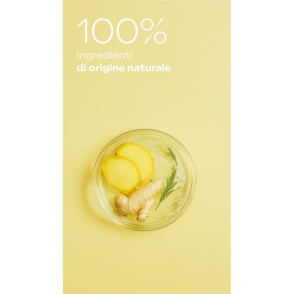 Ingredienti di WELEDA Energy. Zenzero, rosmarino e citronella in una ciotola di vetro. Testo: 100% Ingrédients di origine naturale.