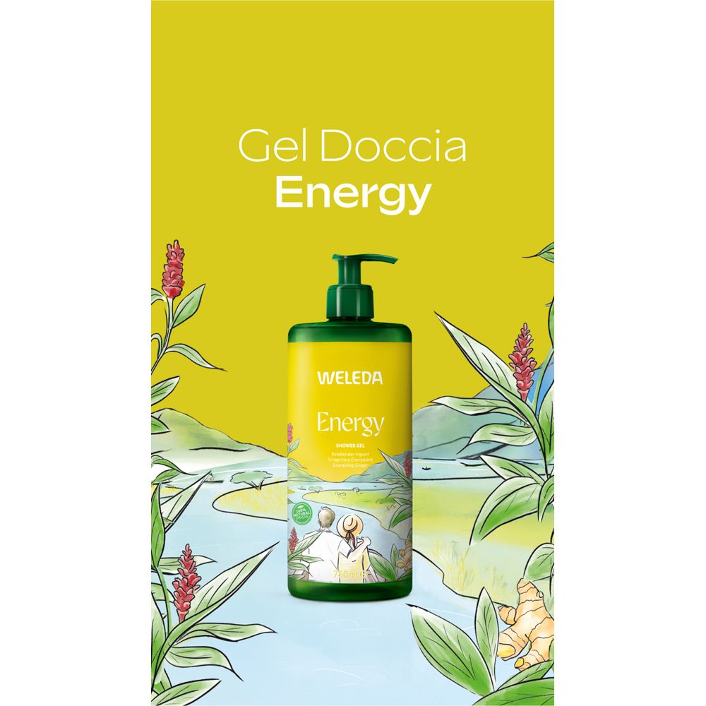 Grafica gialla con scritta Gel Doccia Energy. Flacone verde con WELEDA Energy.