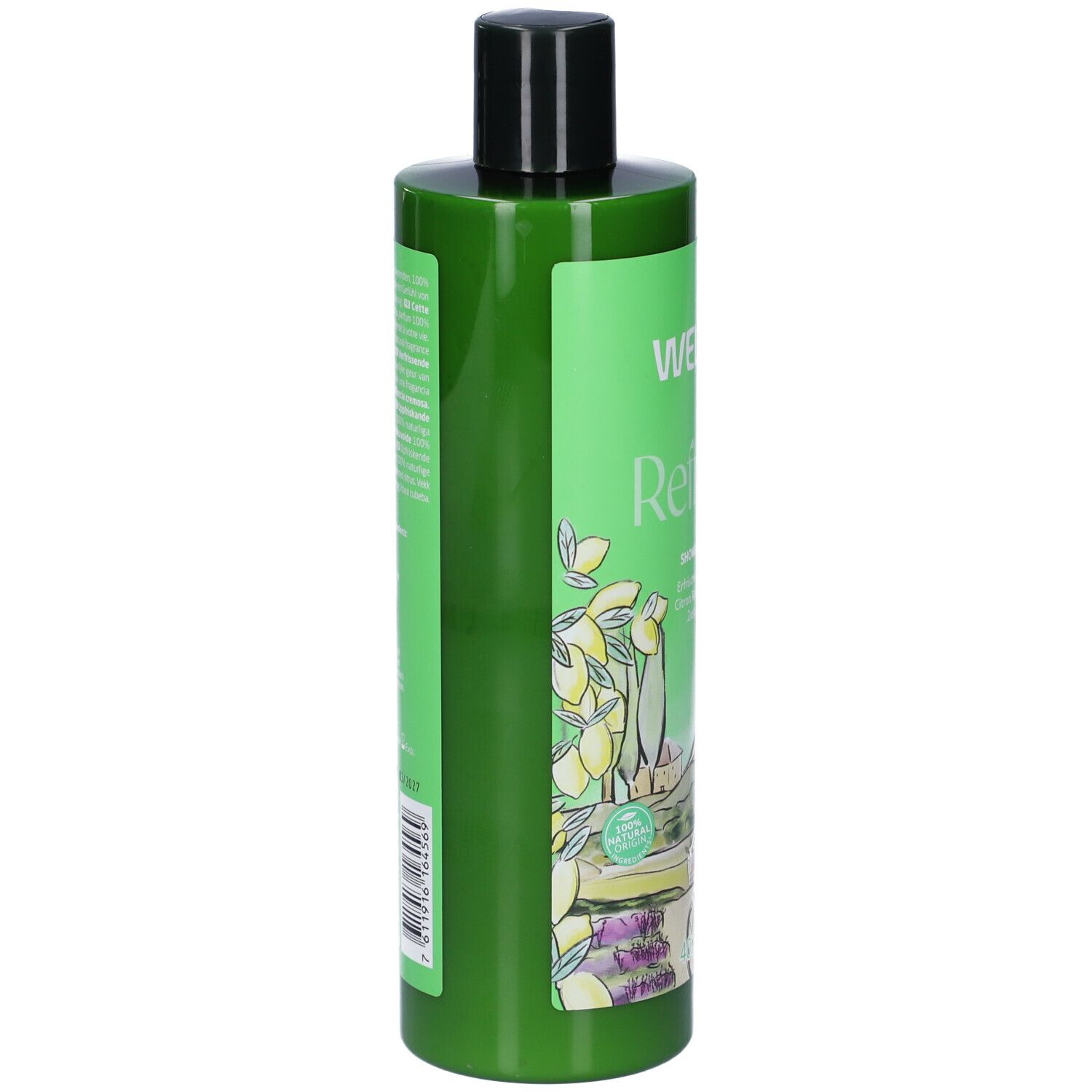 Retro del flacone verde di WELEDA Refresh Doccia Cremosa. Tappo nero. Informazioni sul prodotto.