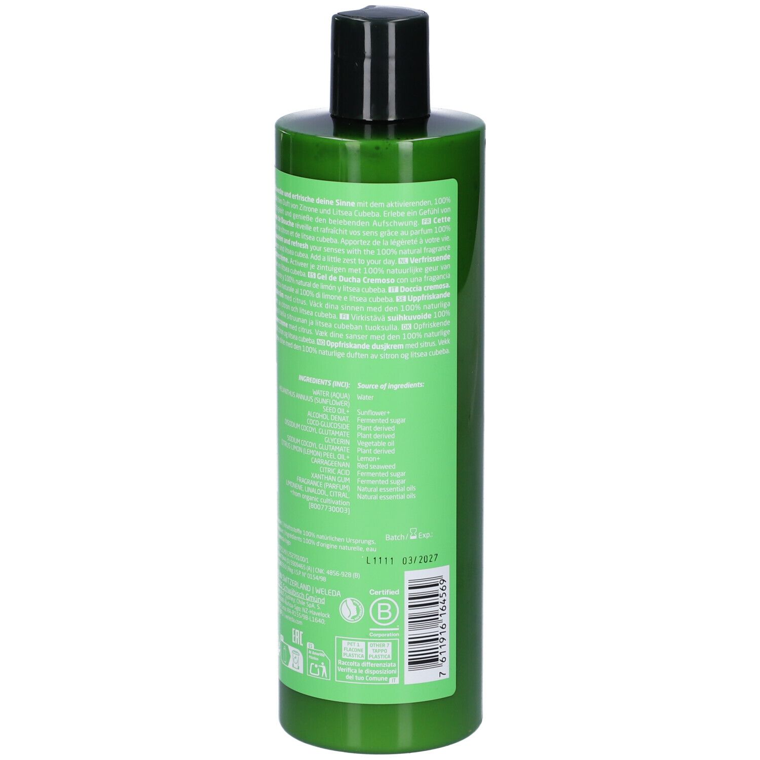 Retro del flacone verde di WELEDA Refresh Doccia Cremosa. Tappo nero. Informazioni e ingredienti del prodotto.