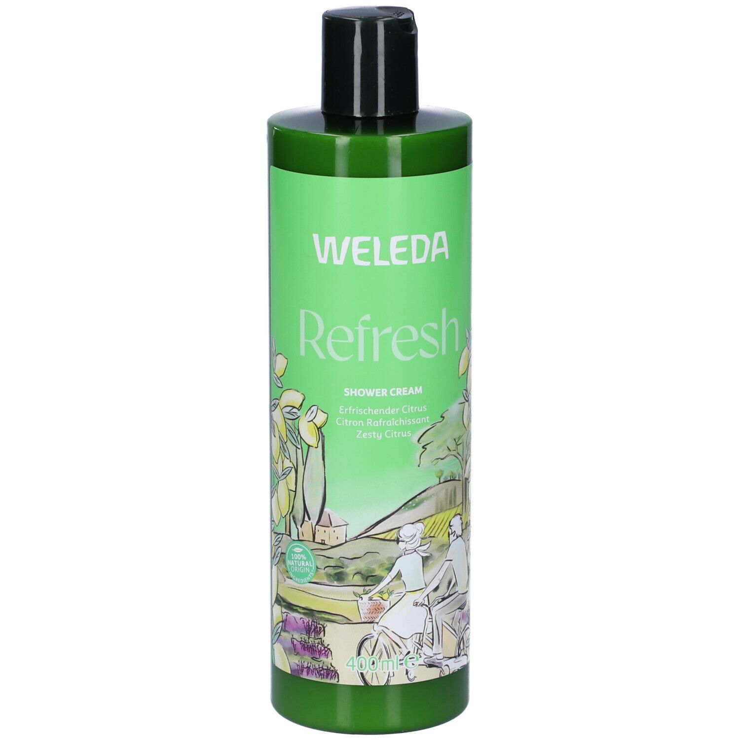 Flacone verde di WELEDA Refresh Doccia Cremosa. Tappo nero. Illustrazione di un paesaggio con ciclisti.