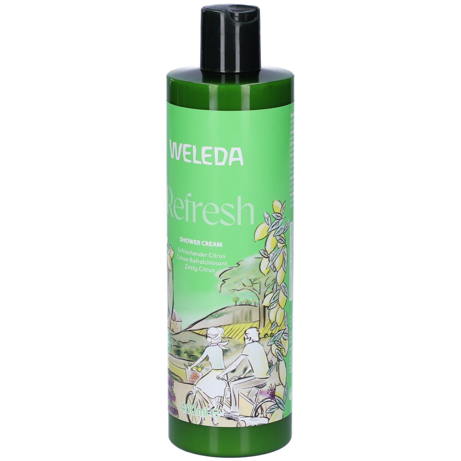 Flacone verde di WELEDA Refresh Doccia Cremosa. Tappo nero. Illustrazione di un paesaggio con ciclisti e limoni.